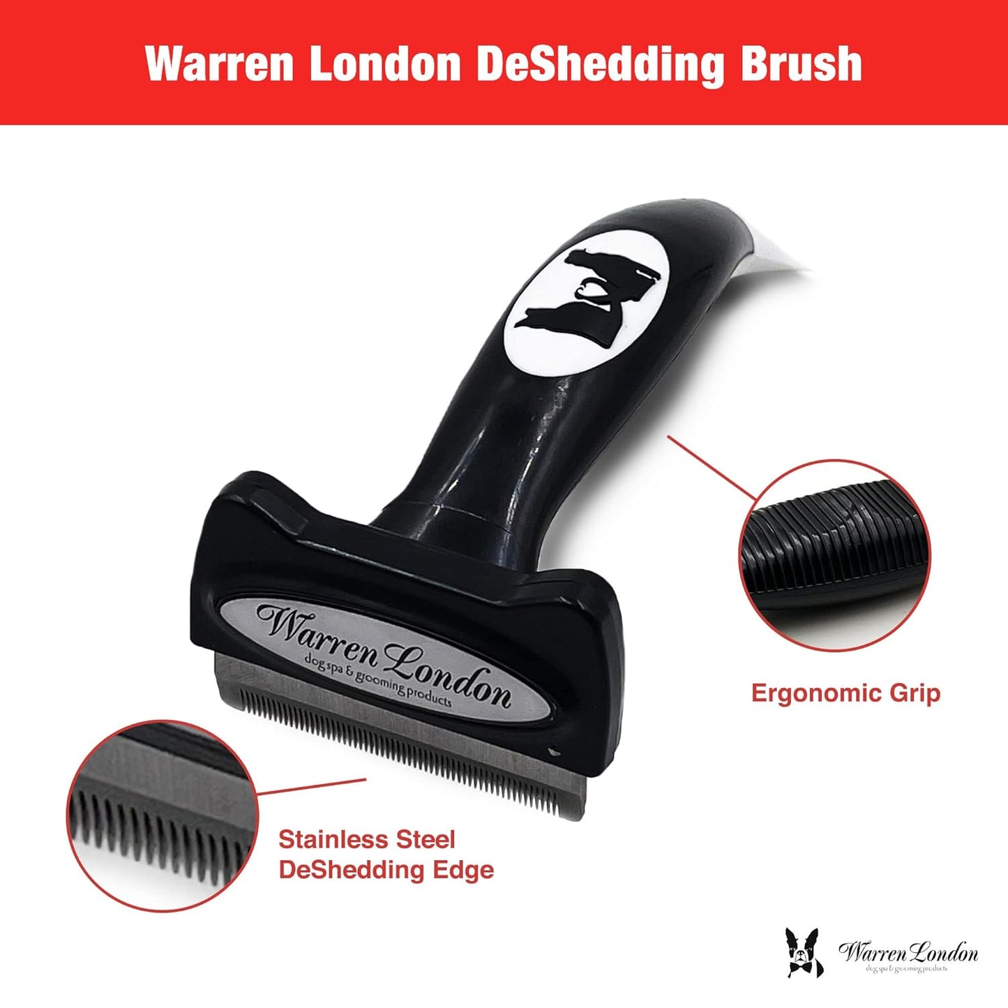 Warren London Deshedding Brush for Medium Dogs, Short Hair | 2.5″ Stainless Edge | Reduces Shedding Fast | Vet-Trusted Undercoat Tool With Comfort Grip