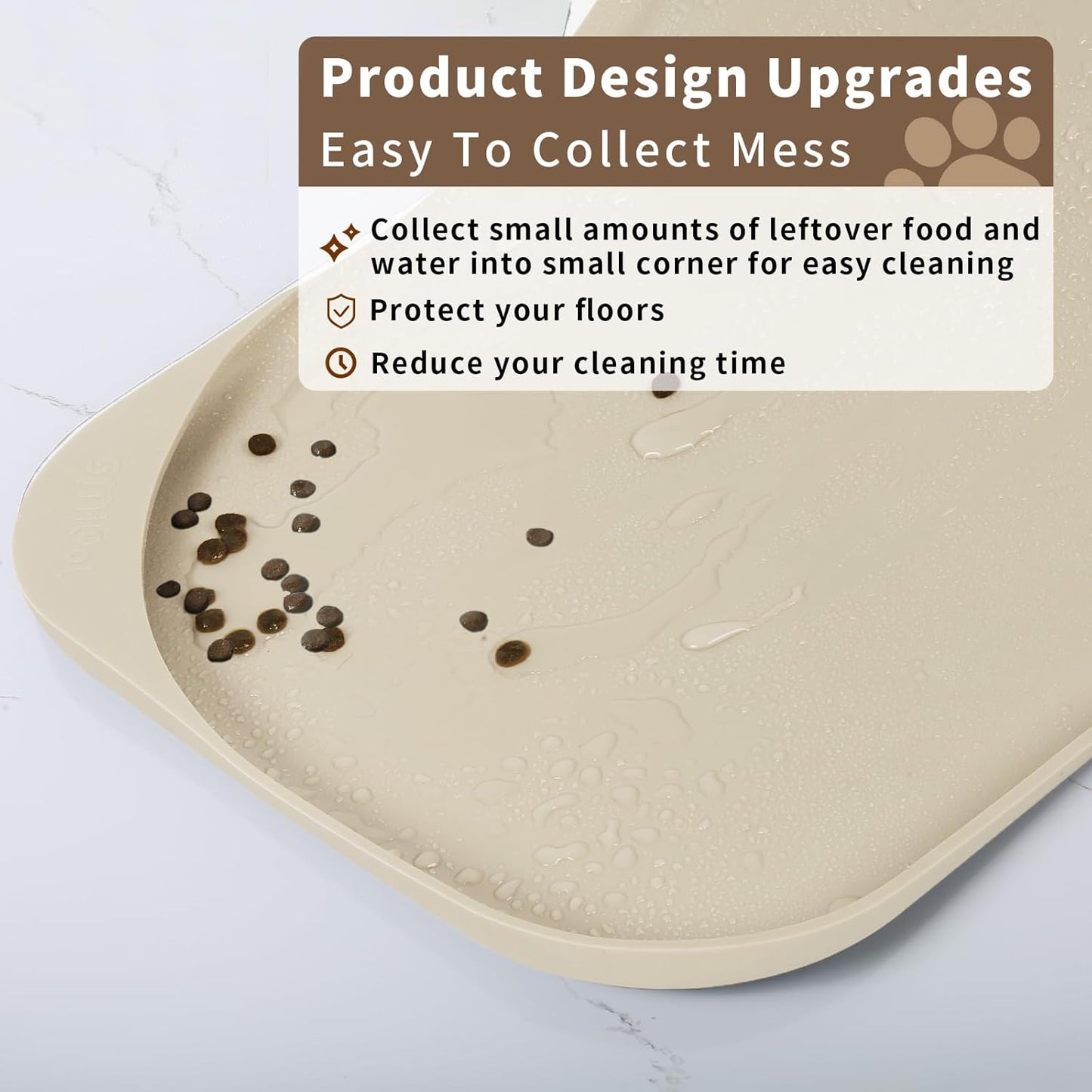 Silicone Pet Feeding Mat with Raised Edge & Residue Collection Pocket for Food and Water, Dog Bowl Mats, Cat Bowls Placemat with High Lip for Floor Waterproof, 19 x 12 x 0.7 White Sand