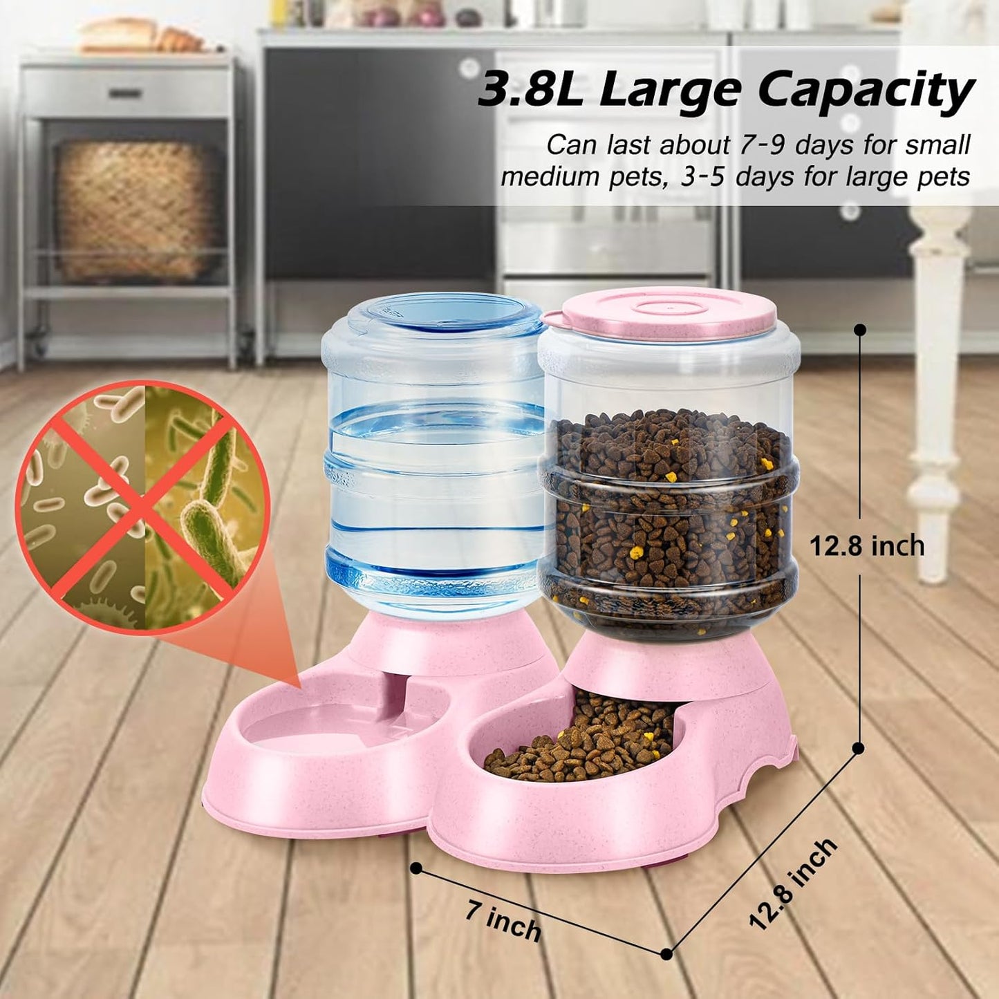 2 Pack Automatic Cat Feeder and Water Dispenser in Set Gravity Food Feeder and Waterer Pet Food Bowl for Small Medium Dog Pets Puppy Kitten Big Capacity 1 Gallon x 2 (Pink)