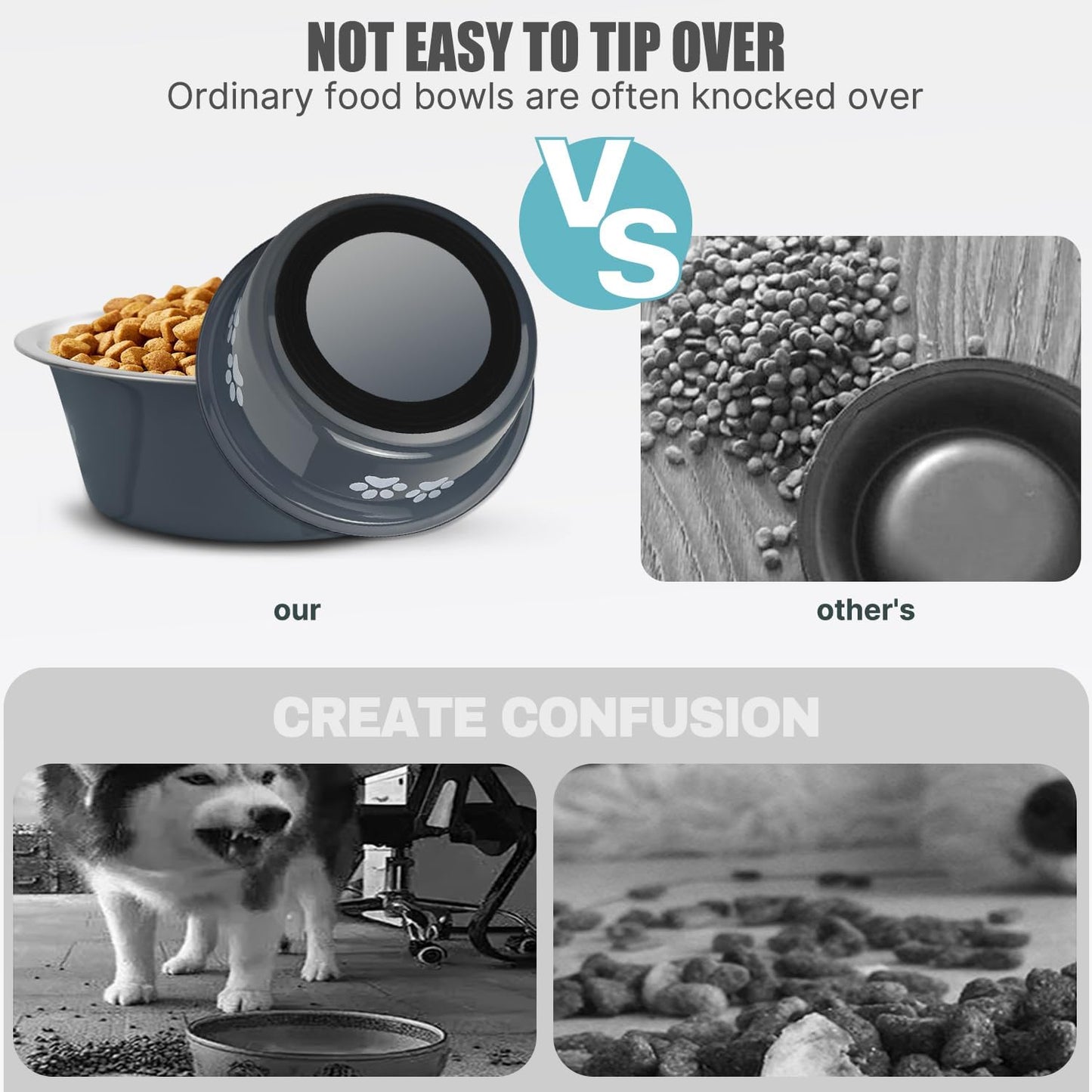 Stainless Steel Dog Bowls, Nonslip Rubber Bottom No Spill Proof Skid Metal Insulated Dog Bowls for Large Medium Small Breed Dogs (Grey, 8.5 Cups/71 OZ)