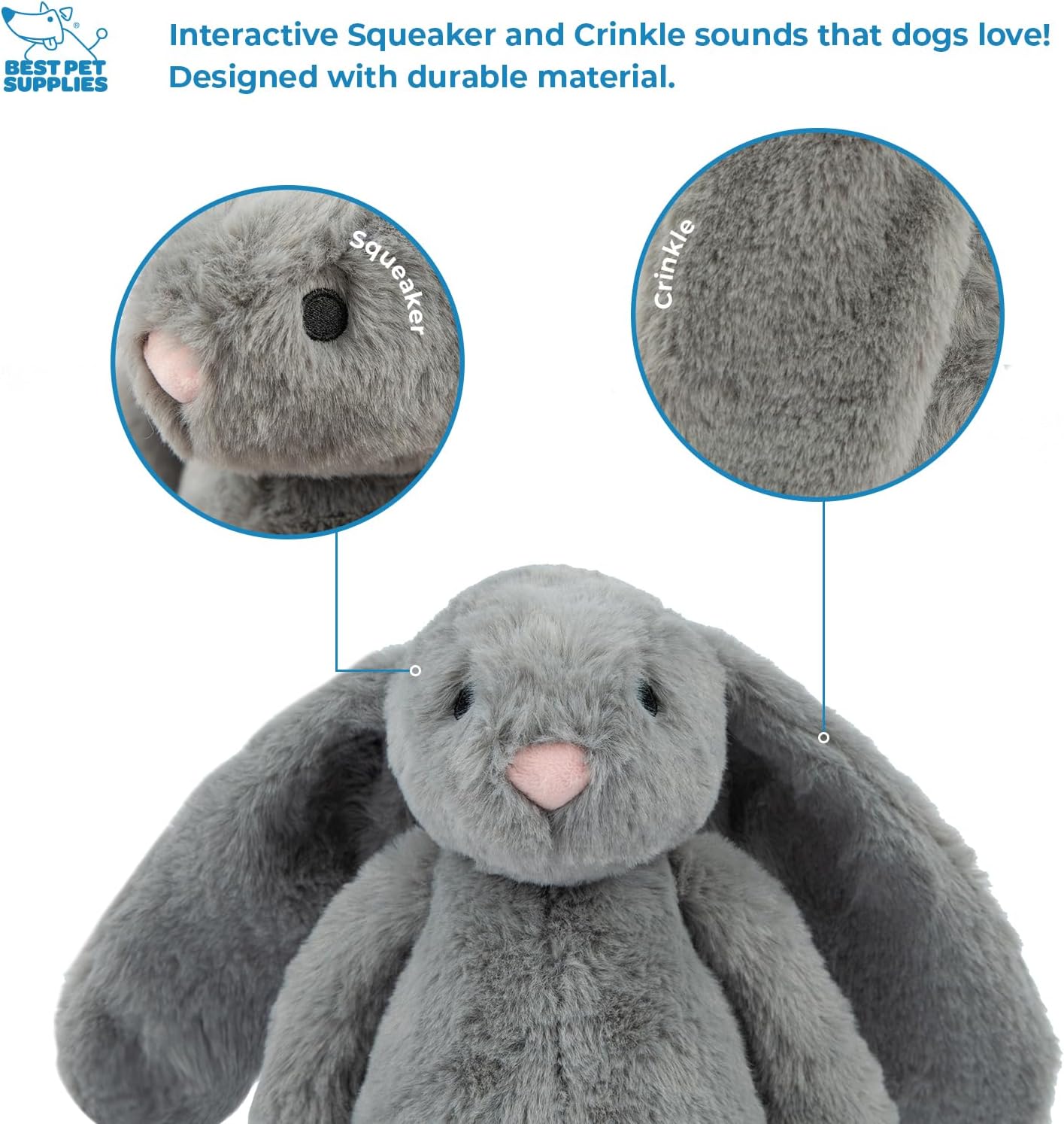 Best Pet Supplies Interactive Squeaky Dog Chew Toy, Ideal Dog Toys for Chewers, Small, Medium & Large Dogs, and Fetch Lovers - Bunny (Beige, Gray), Large