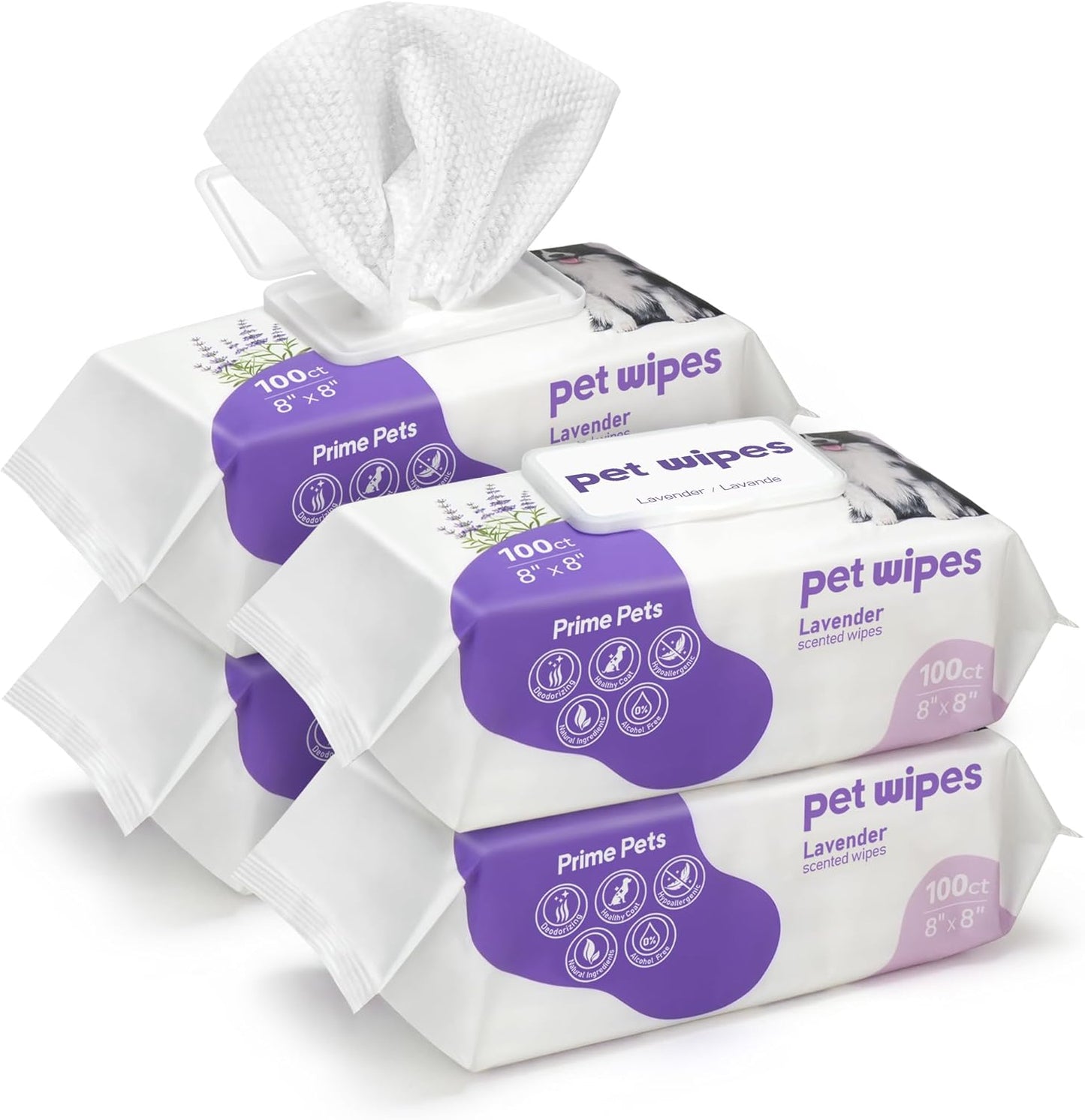 PrimePets 400pcs Dog Wipes for Paws and Butt, Large Pet Wipes for Dogs, Dog Wipes Cleaning Deodorizing, Hypoallergenic, Puppy Wipes for Grooming Face Fur Body, Lavender Scented