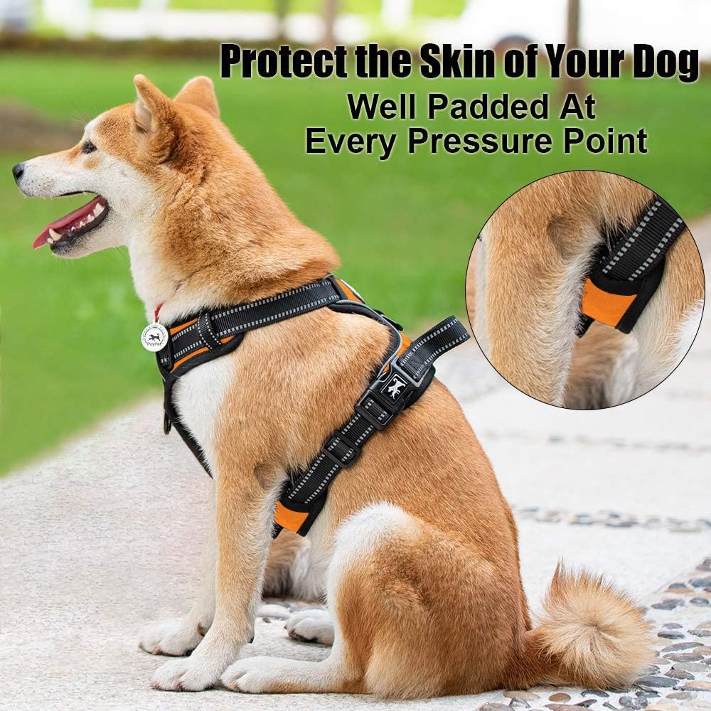 PoyPet No Pull Dog Harness, Reflective Comfortable Vest Harness with Front & Back 2 Leash Attachments and Easy Control Handle Adjustable Soft Padded Pet Vest for Small to Large Dogs (Orange,S)