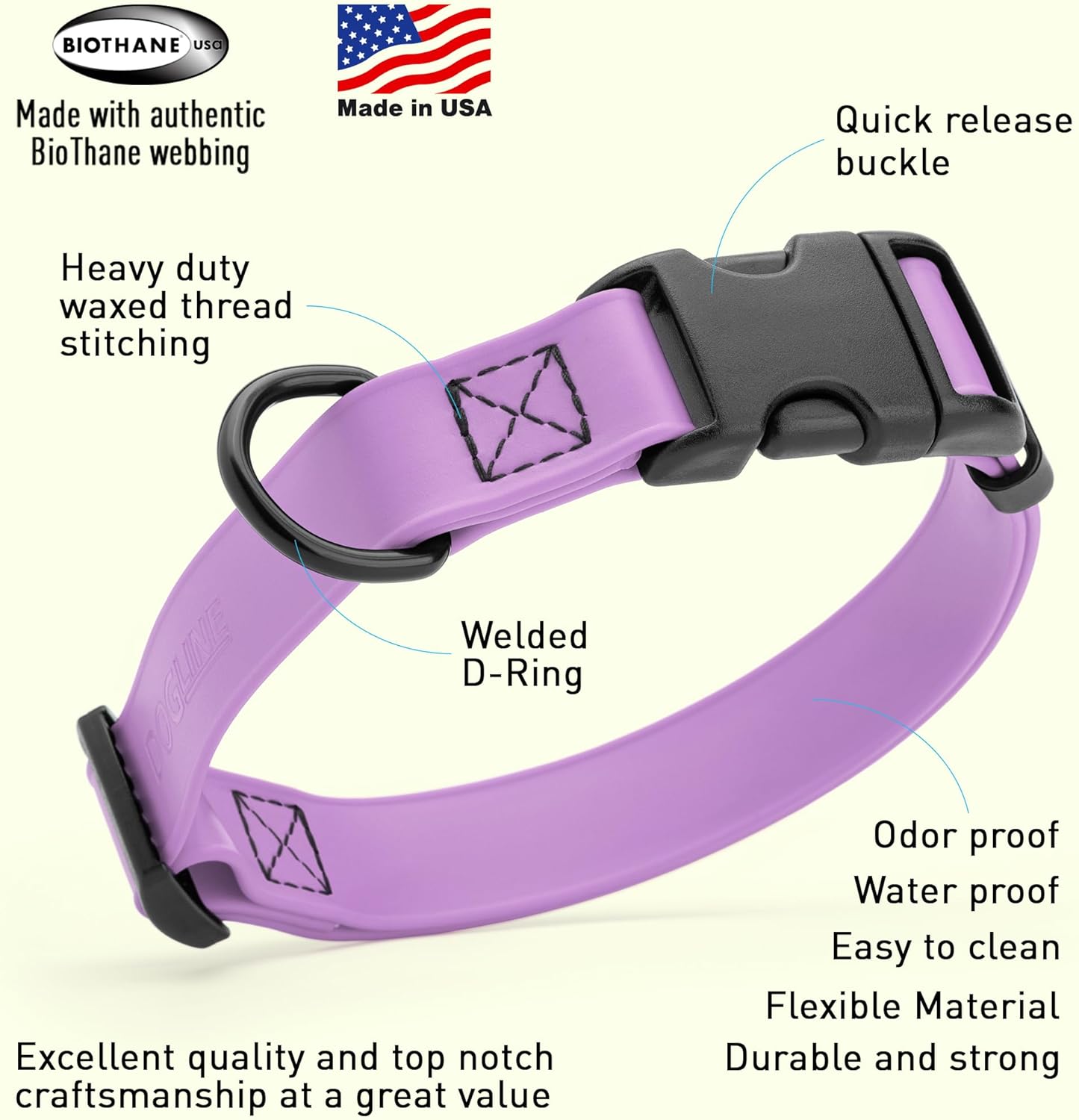 Dogline Biothane Waterproof Dog Collar with Quick Release Buckle Strong Coated Nylon Webbing with Odor- Proof for Easy Care Easy to Clean Fits Small Medium Large Dogs, Amethyst Purple 1" W 15-23" L