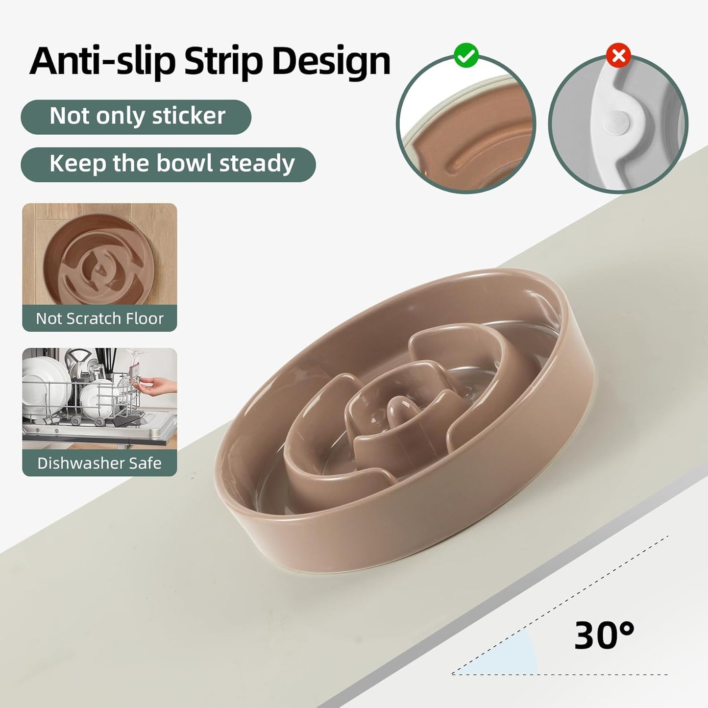 Ceramic Raised Slow Feeder Dog Bowl Set, Elevated 8.2inch Bowl and 9.5inch Puzzle Slow Food Dish with Wooden Stand for Large Dog, Anti-Gulping (2X Brown Coffee+ Stand)