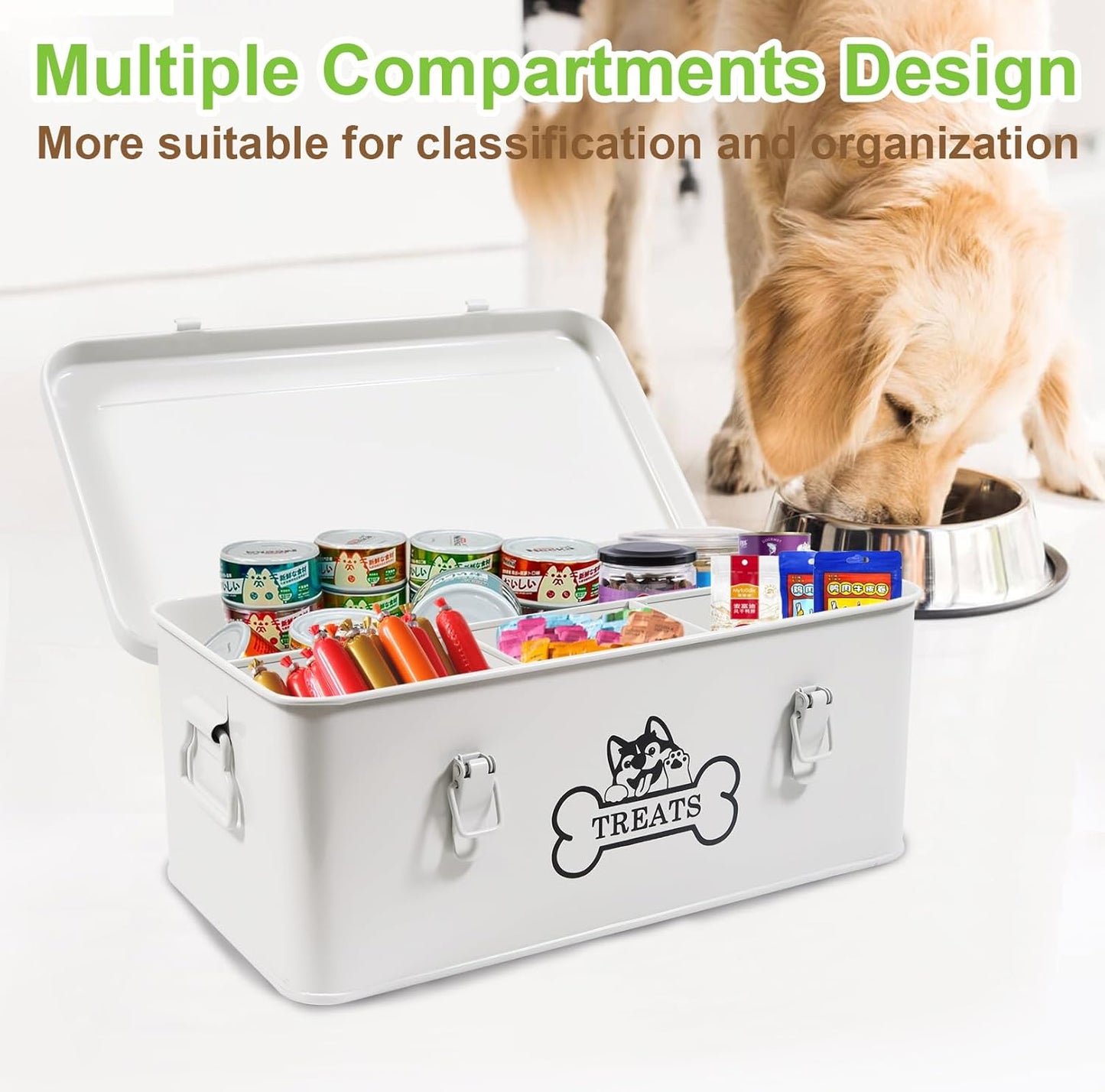 Metal Dog Treat Container,Dog Treats Storage Box with Lid,White Pet Food Bin with Dividers,Rectangular Dog Cat Treats Organizer,Ideal for Sort,Great Gift for Pet Owners