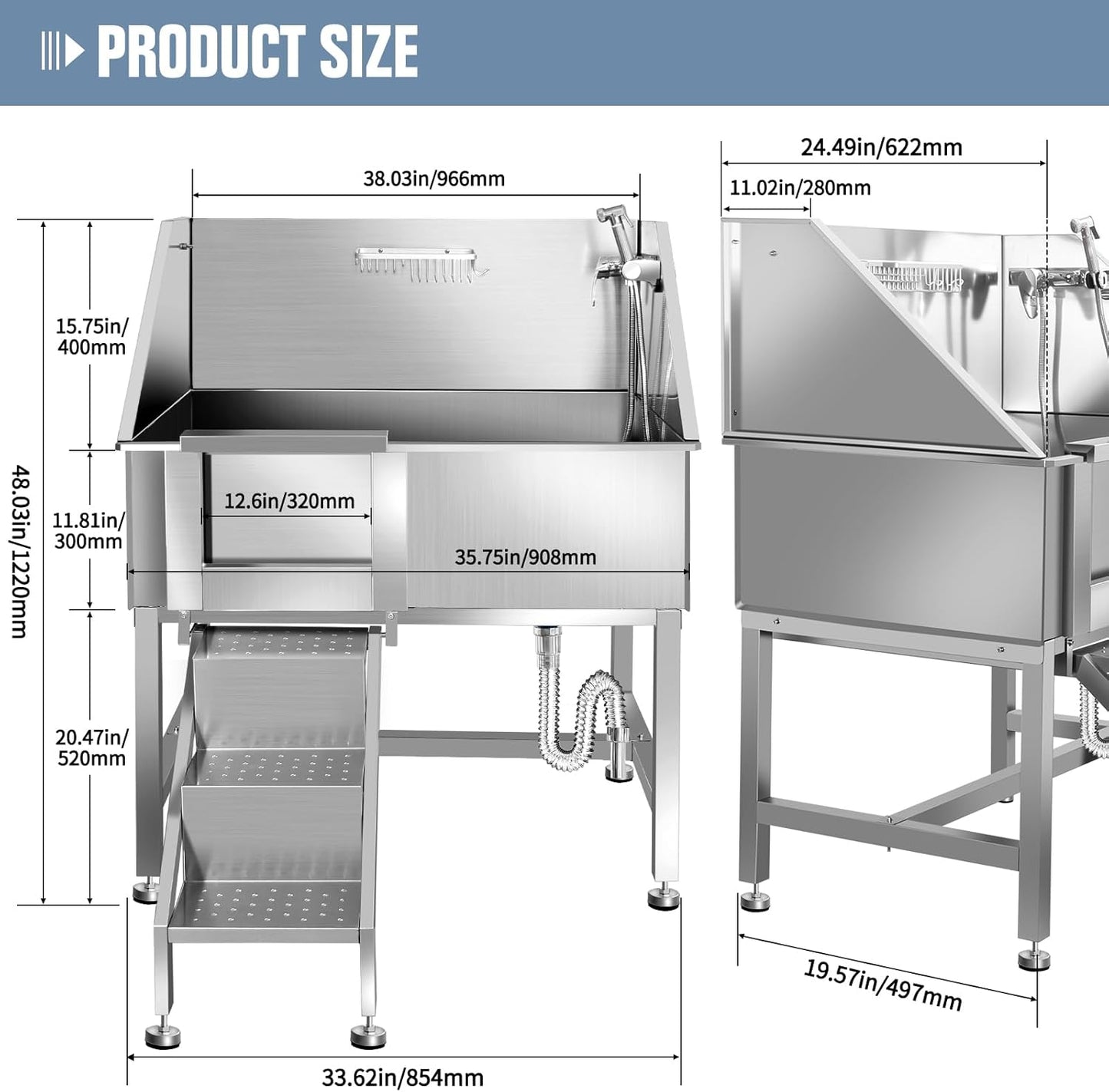 38" Dog Washing Station, Professional Stainless Steel Dog Bathing Station, Equipped with Three Anti-Slip Steps, Removable Door, Upgraded Spray Nozzle&Hose - Ideal for Home, Pet Grooming Salon,L-RAMP