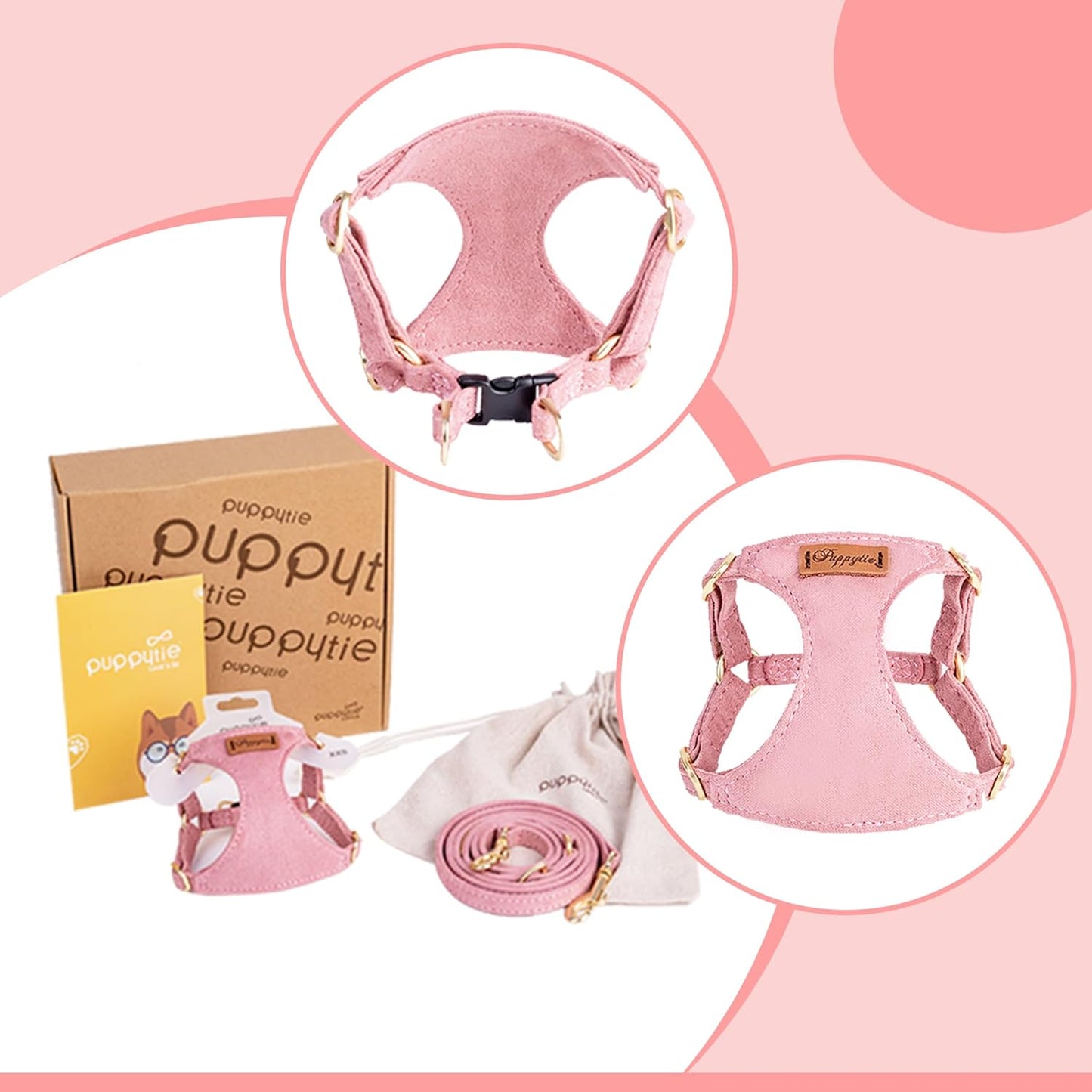 Puppytie No Pull Small Dog Harness with Multifunction Dog Leash, Lightweight Soft Adjustable No Choke Escape Proof Pet Harness Vest, Pink