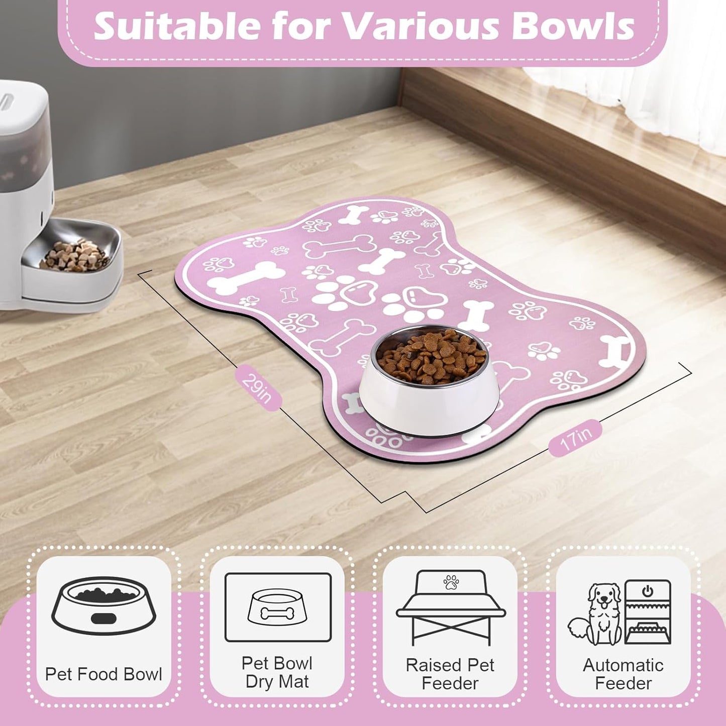 Dog Cat Mat for Food and Water,Rapid Absorbent Pet Feeding Mat, Bone Shaped Dog Placemat Bowl Mat with Rubber Backing,No Stains Pet Food Mats Indoor, Pet Accessories Supplies,Pink 17"×29"