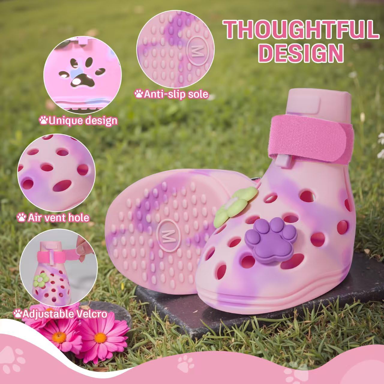 Dog Shoes for Hot Pavement, Adjustable Magic Tape Boots for Small, Medium & Large Dogs, Anti-Slip, Easy to Clean Paw Protectors for Beach, Outdoor & Hot Weather (Pink M)