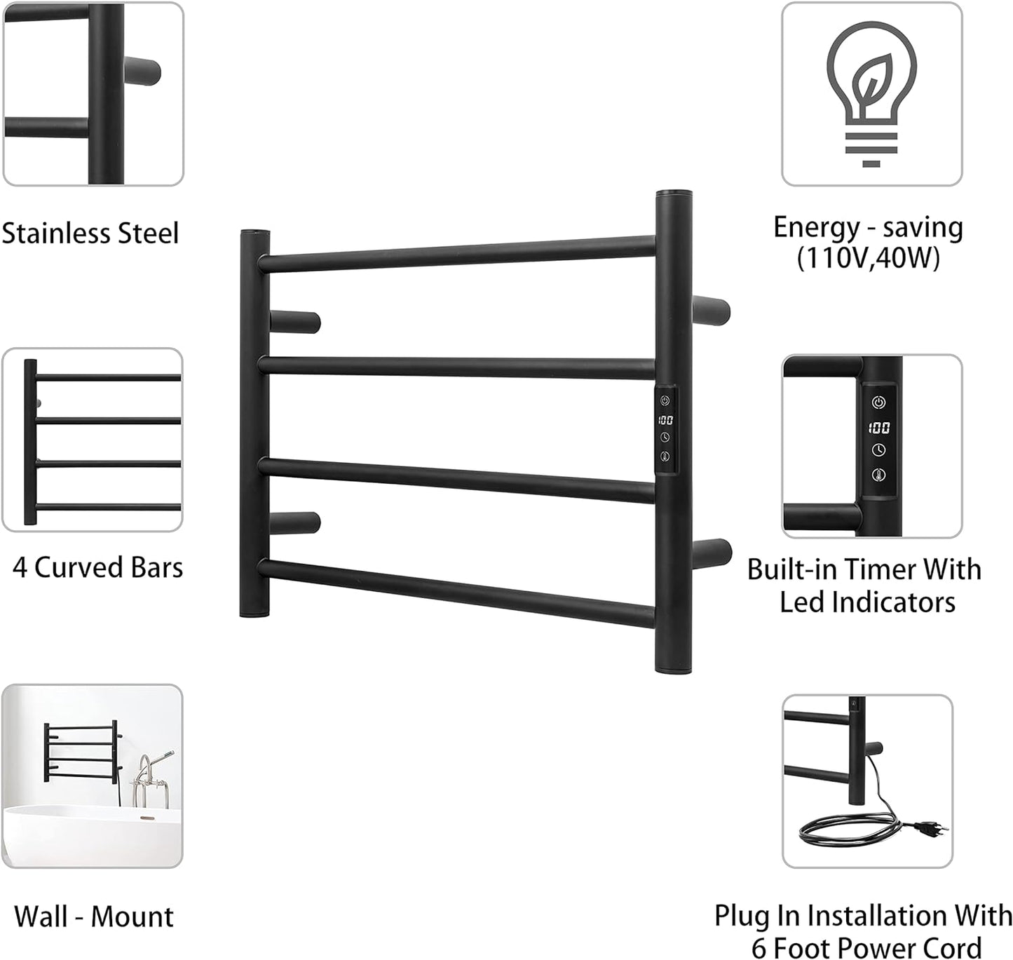 KEG Smart WiFi Towel Warmer Wall Mounted with Built-in Timer and Temperature Adjust Control, 4 Bars Electric Stainless Steel Heated Towel Racks for Bathroom Matte Black