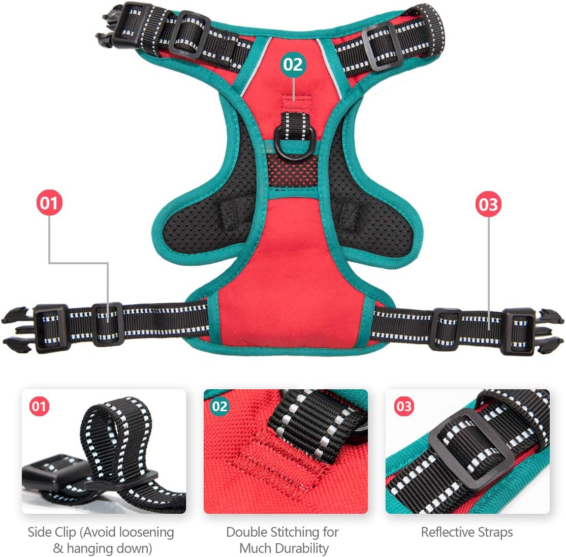 PHOEPET 2019 Upgraded No Pull Dog Harness,3M Reflective Adjustable Vest, with a Training Handle + 2 Metal Leash Hooks+ 3 Snap Buckles +4 Slide Buckles(XS, Red)