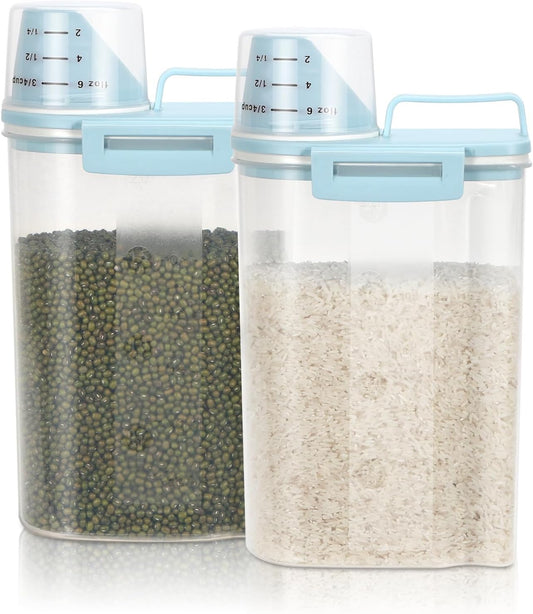 TBMax Rice Storage Container 2 Pack, Plastic Kitchen Pantry Food Storage Container with Cup, Small Pet Dog Cat Food Container Dispenser - Sky Blue