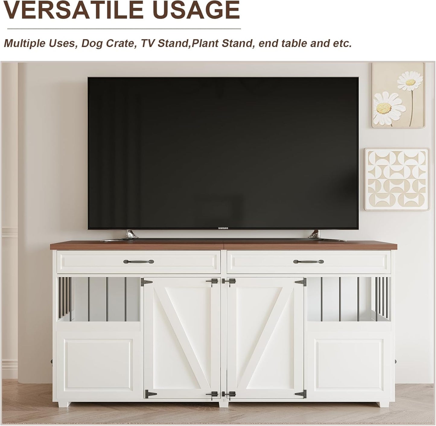 Dog Crate Furniture - Indoor Wood Dog Kennel Furniture 4 Doors with Divider and 2 Drawers - 72" L x 23.6" W x 33.5" H, White