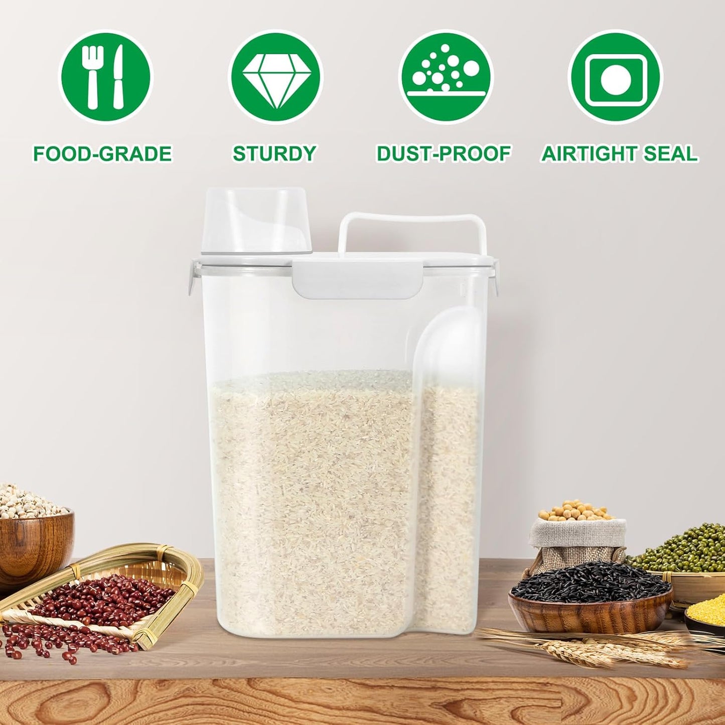 TBMax Airtight Rice Container 10 Lbs Cereal Dispenser, Small Pet Cat Dog Food Storage Container, Plastic Kitchen Pantry Food Storage Holder with Cup -White