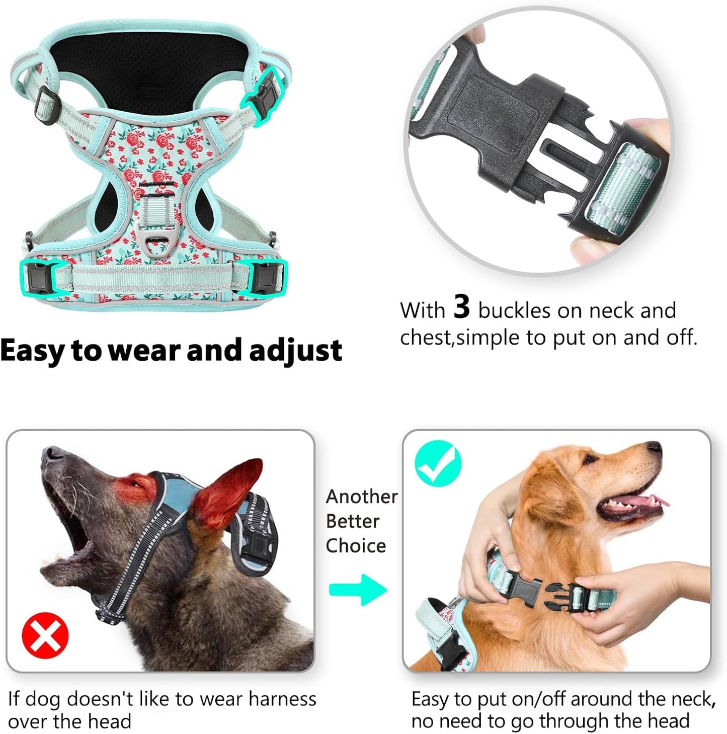 Timos Dog Harness,NO Need Go Over Dogs Head 3 Snap Buckles Pet Harness with 2 Leash Clips,Adjustable Soft Padded No-Pull,Reflective No-ChokeOxford Vest for Small Medium Large Dogs,X-Large(Packof1)