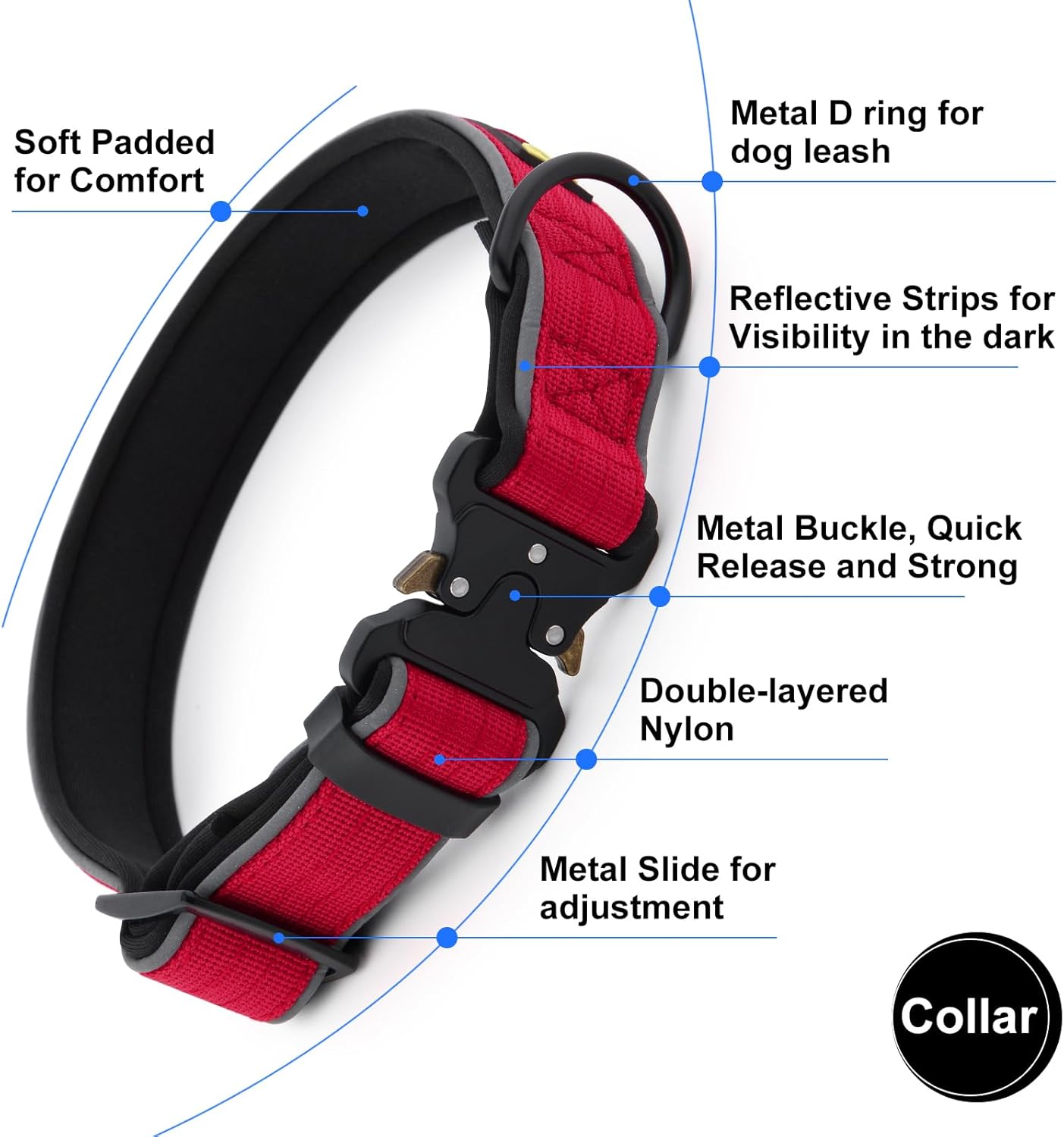 Plutus Pet Tactical Dog Collar, Reflective, Adjustable Heavy Duty Dog Collar, Soft Padded and Comfortable, for Small Medium and Large Dogs (Red, L)