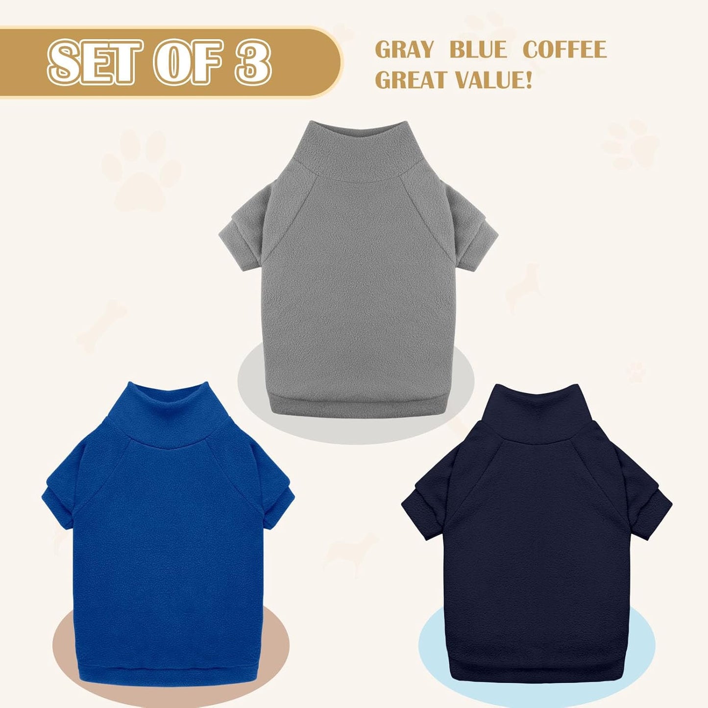 3 Pack Dog Sweaters for Large Dogs, Fleece Dog Sweater Large Pet Clothes Turtleneck Soft Warm Sweatshirt Boy Girl Pet(Gray+Royal Blue+Navy,L)