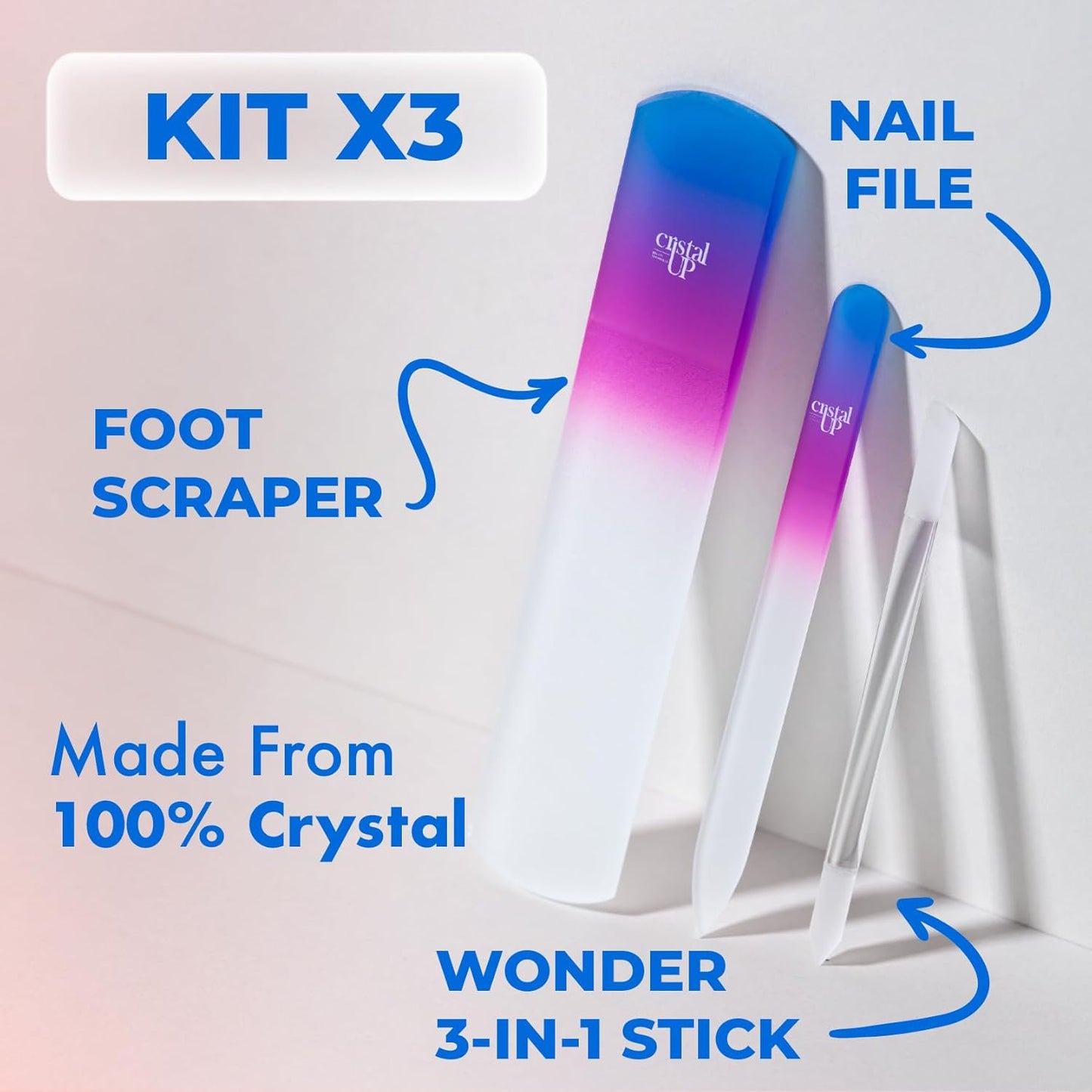 Starter Crystal Care Set - 3PC Includes Glass Foot Scraper, Medium Crystal File, and Cuticle Stick for Natural Nails, Glass File Kit