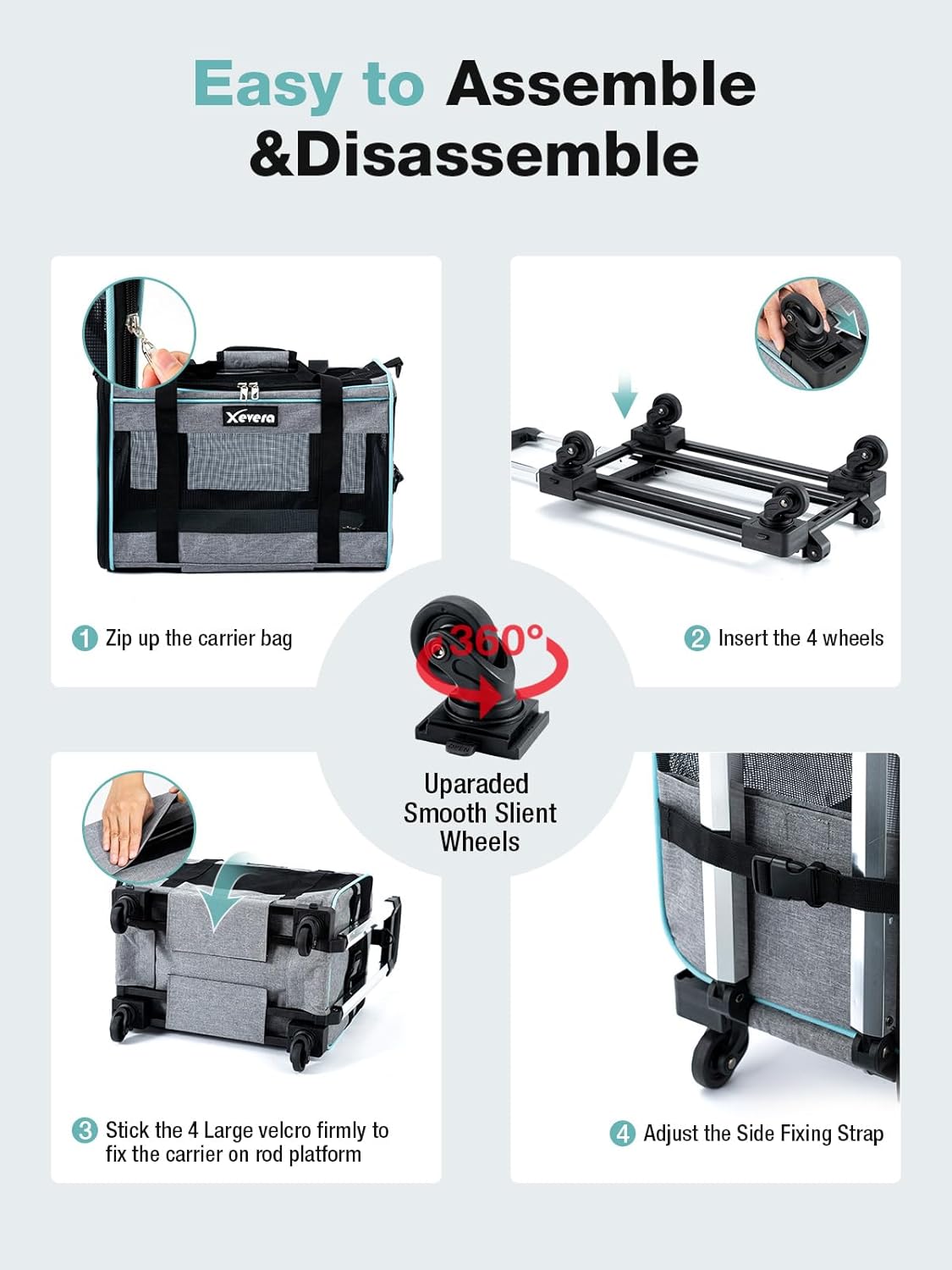 Cat Dog Carrier with Wheels Airline Approved Rolling Pet Carrier with Telescopic Handle, Shoulder Strap and Pet Bowl, Grey