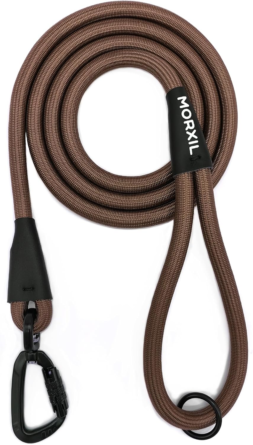 Rope Dog Leash, 4 ft Heavy Duty Dog Leash with Aviation Aluminum Auto Locking Carabiner, Strong Nylon Pet Lead for Small, Medium, Large Dogs (Brown, 4FT)