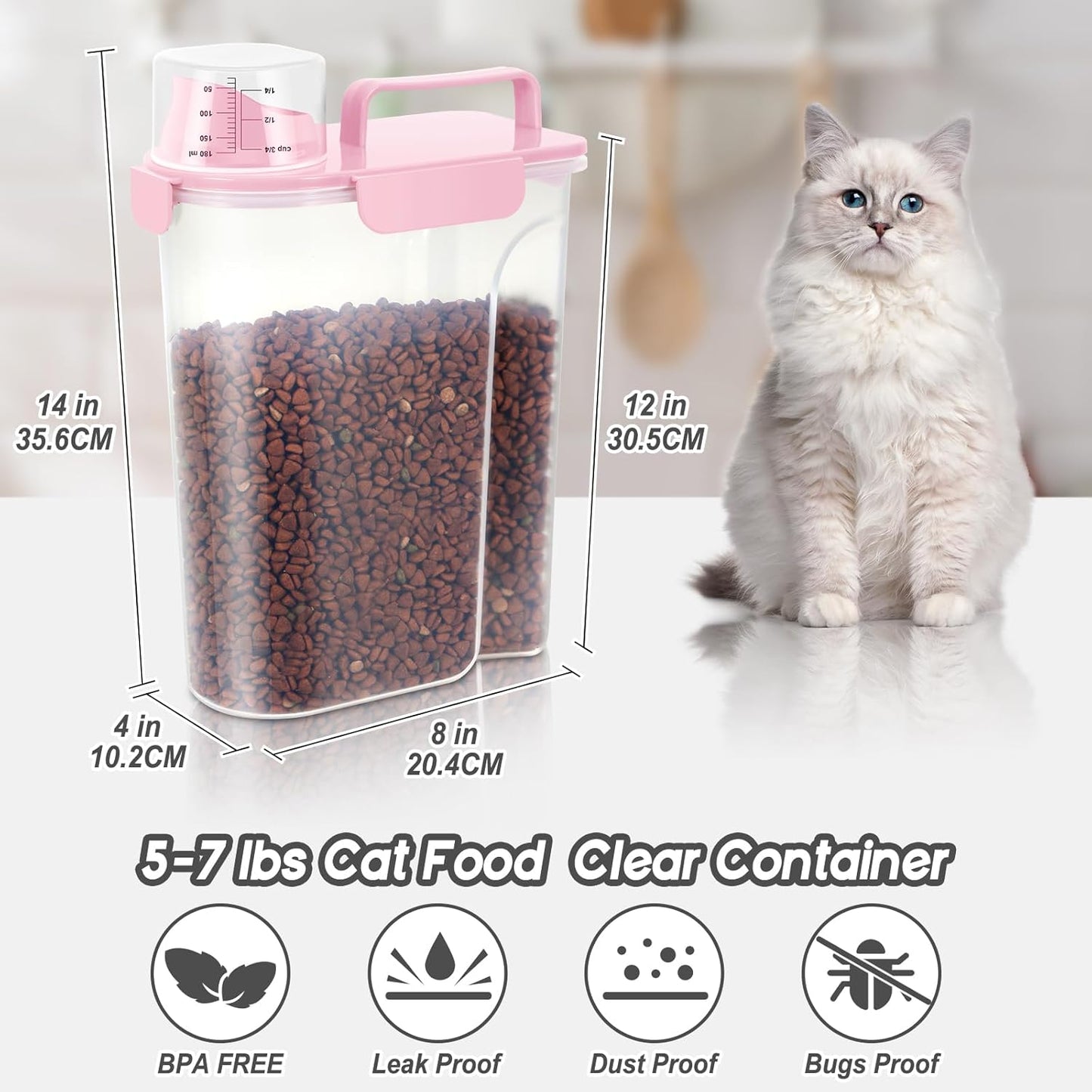5-7Lbs Dog Cat Food Storage Container with Upgraded Large Nozzle BPA-free, 4 Snap Seals Plastic Pet Food Storage Containers with Handles (2, Light Pink, 5L)