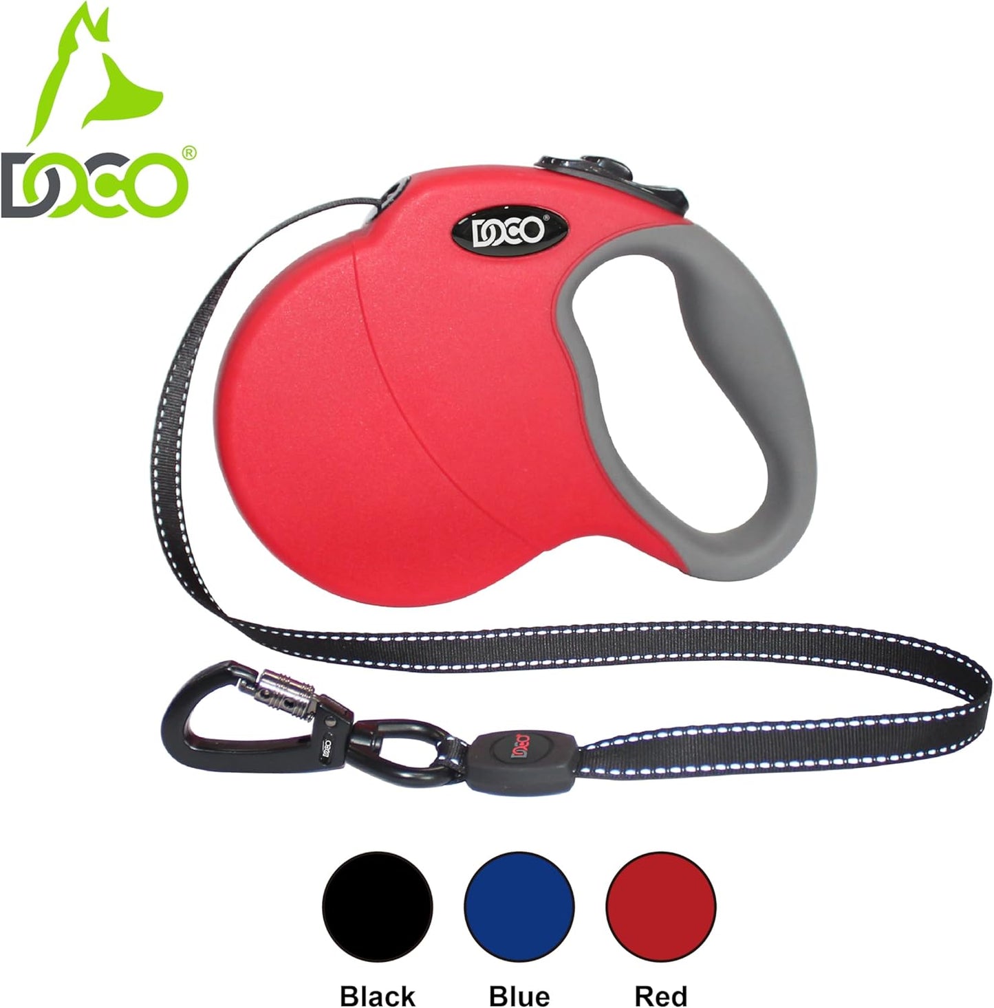 DOCO Retractable Dog Leash for Large Dogs (Length - 16’, Weight - Upto 110lb) Reflective Tape Lead with Stop and Lock Control, Tangle Free 360° Swivel Snap & Anti-Slip Grip (Black, Large)