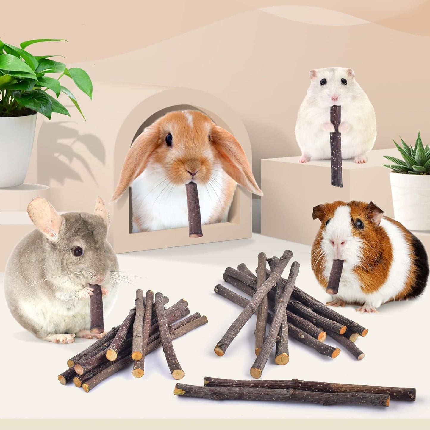 Bissap 460g/16.2oz Apple Sticks for Rabbits, Natural Bunny Chew Toys and Treats for Chinchilla Guinea Pig Hamster Gerbil Small Animals Pet Apple Wood Stick Toys Teeth Grinding
