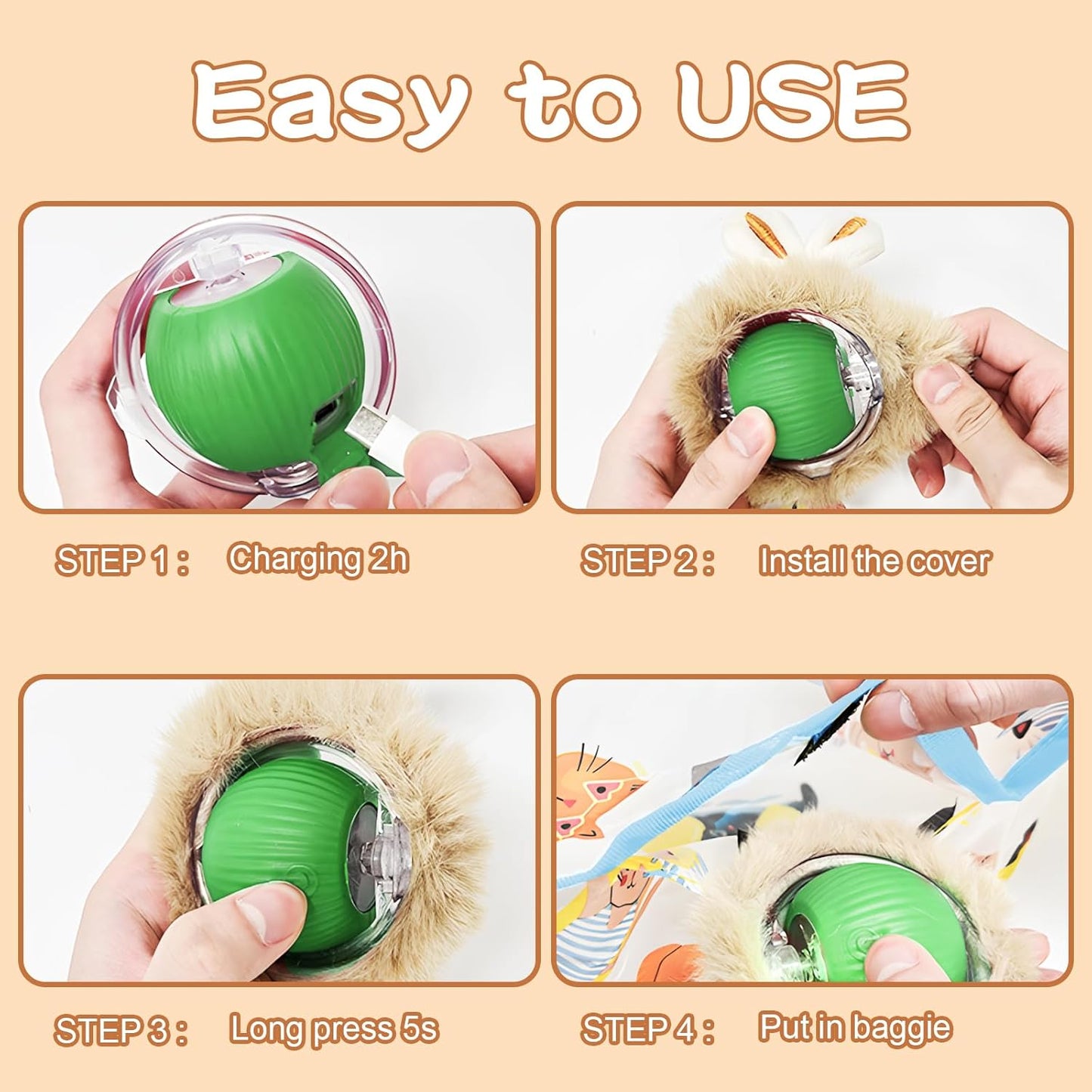 Rocfish Interactive Cat Toys Ball - Automatic Fast Rolling Ball in Play Mat, Hide and Seek Mouse Catching Game, Low-Noise Cat Enrichment Toys in Pouch for Indoor Bored Cats (Green Toy & Square Mat)