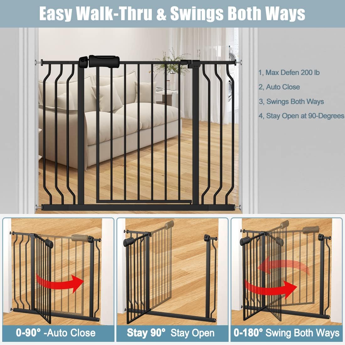 Extra Wide Baby Gate 71.6-76.37 Inch Black, Walk Through Pressure Mounted No Drill Long Large Tension Metal Gate for Dog and Toddler