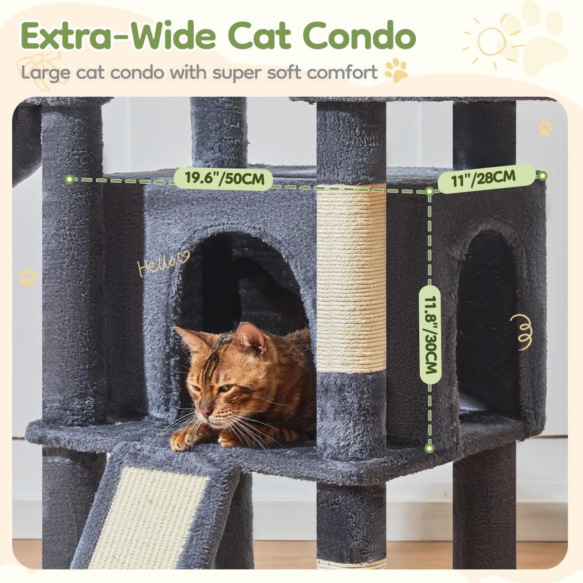 Taoqimiao 72 Inches Cat Tree for Large Cats, Multi-Level Tall Cat Tower, Widened Cat Condo with Large Scratch Board, 5 Scratching Posts, Metal Hammcock, Cozy Basket, Smoky Gray, MS045G