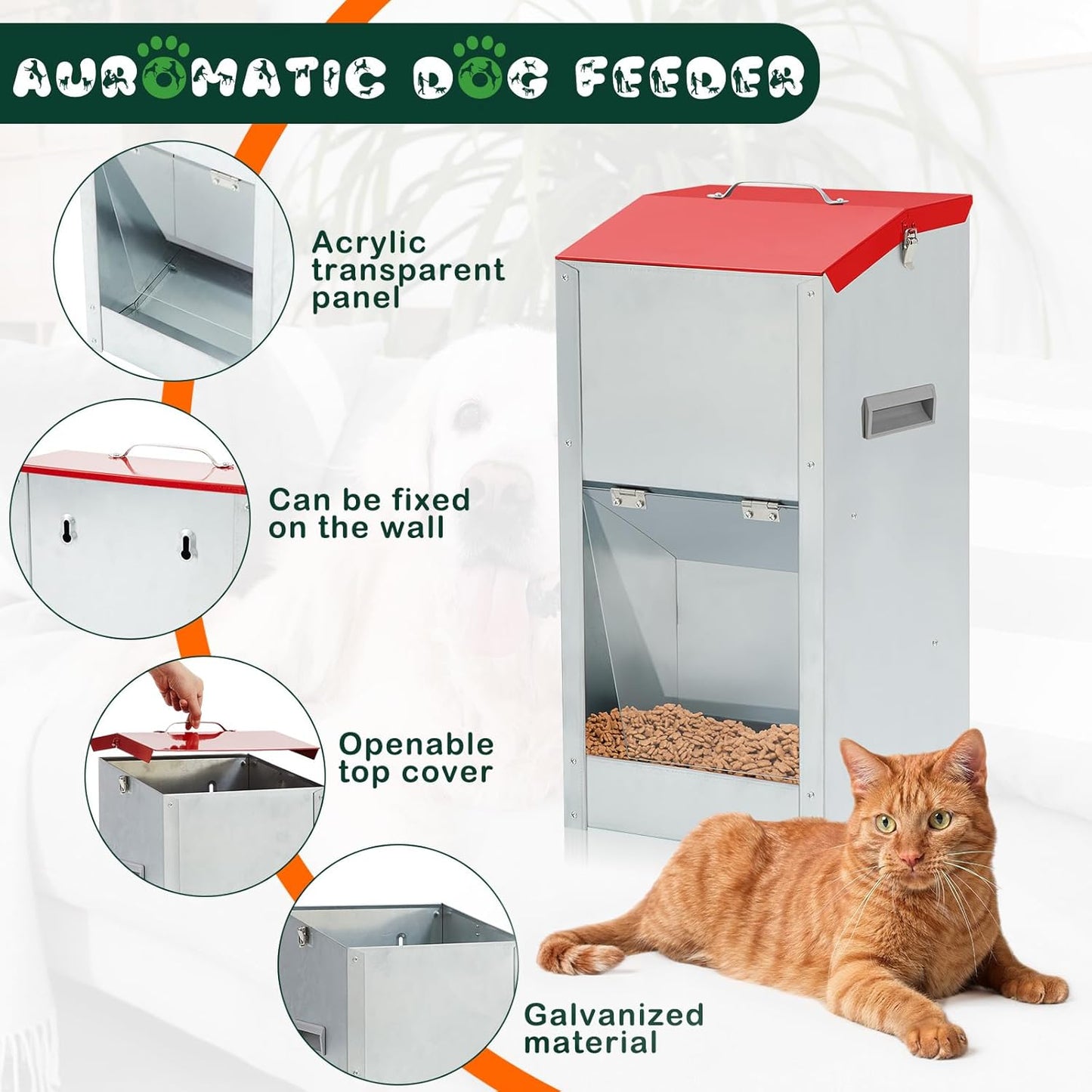 2 Pcs 15 Lbs Large Automatic Dog Feeders with Handle Acrylic Panel Galvanized Gravity Feeder Outdoor Hanging for Doggie Breed Dog Food Dispenser Container(Red)