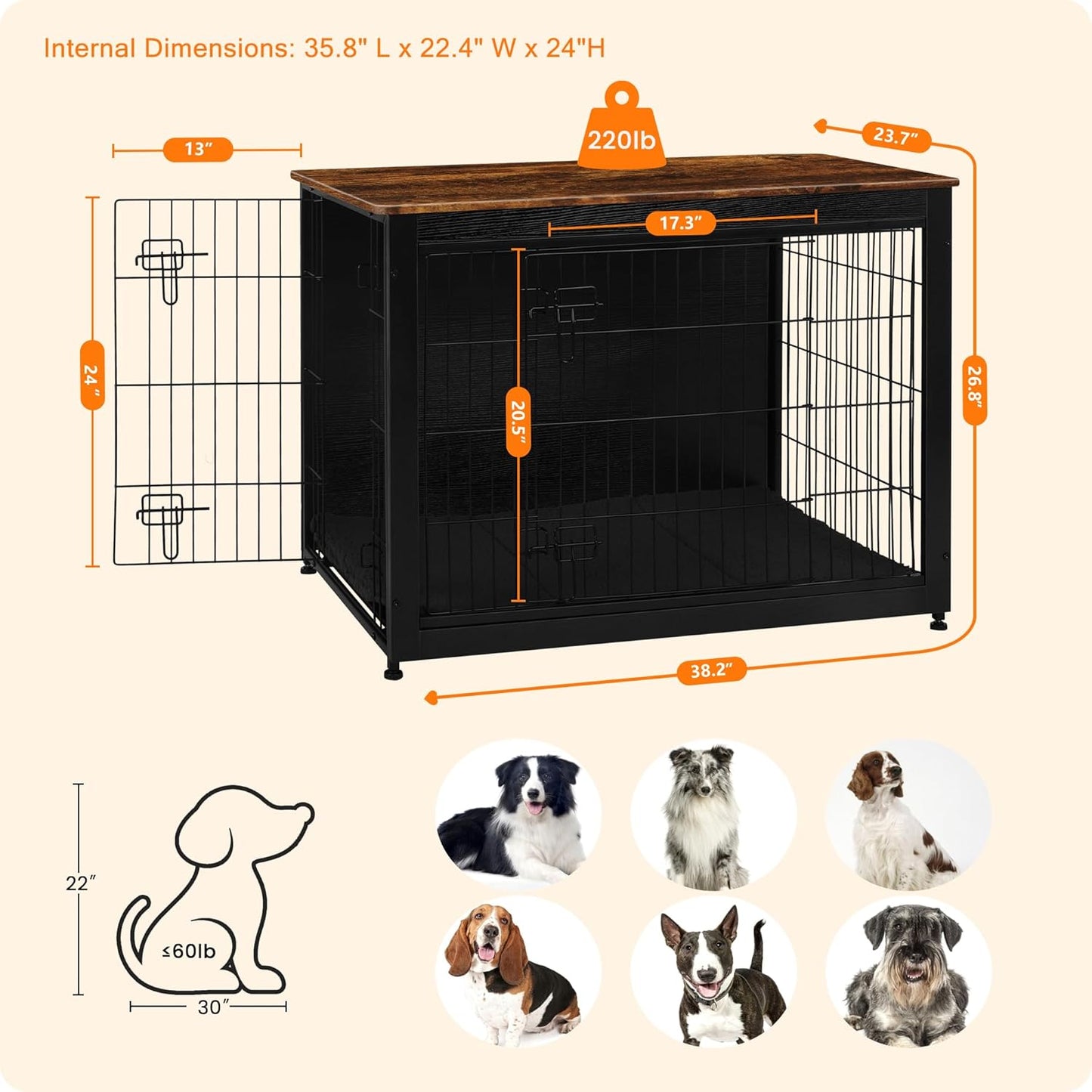 DWANTON Dog Crate Furniture with Cushion, Wooden Kennel Table with Double Doors, Indoor Dog House, Large Size, 38.5" L, Black+Rustic Brown