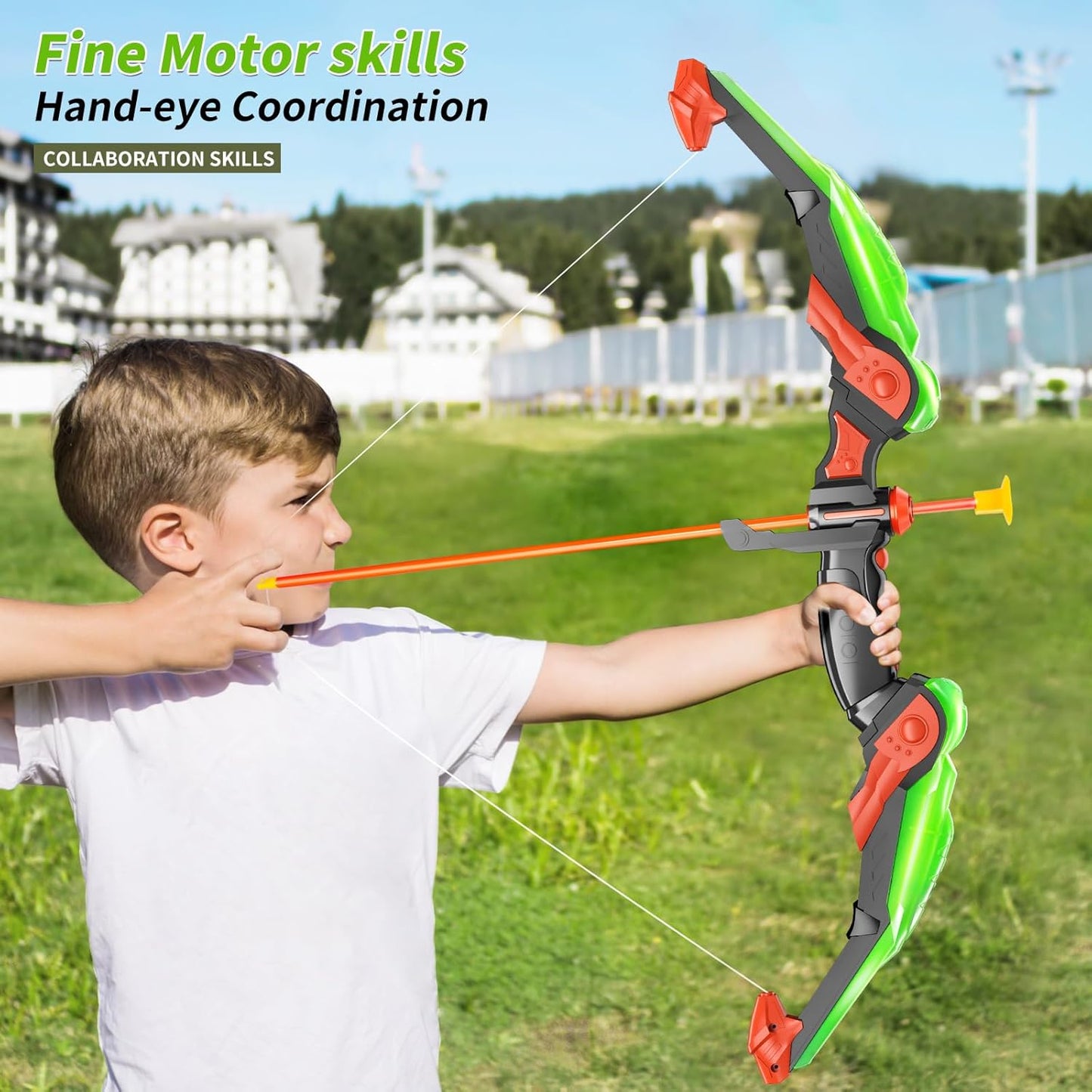 TEMI Bow and Arrow Set for Kids - Archery Toy Set - LED Light Up with Suction Cup Arrows, Target & Quiver, Indoor and Outdoor Toys for Children Boys Girls