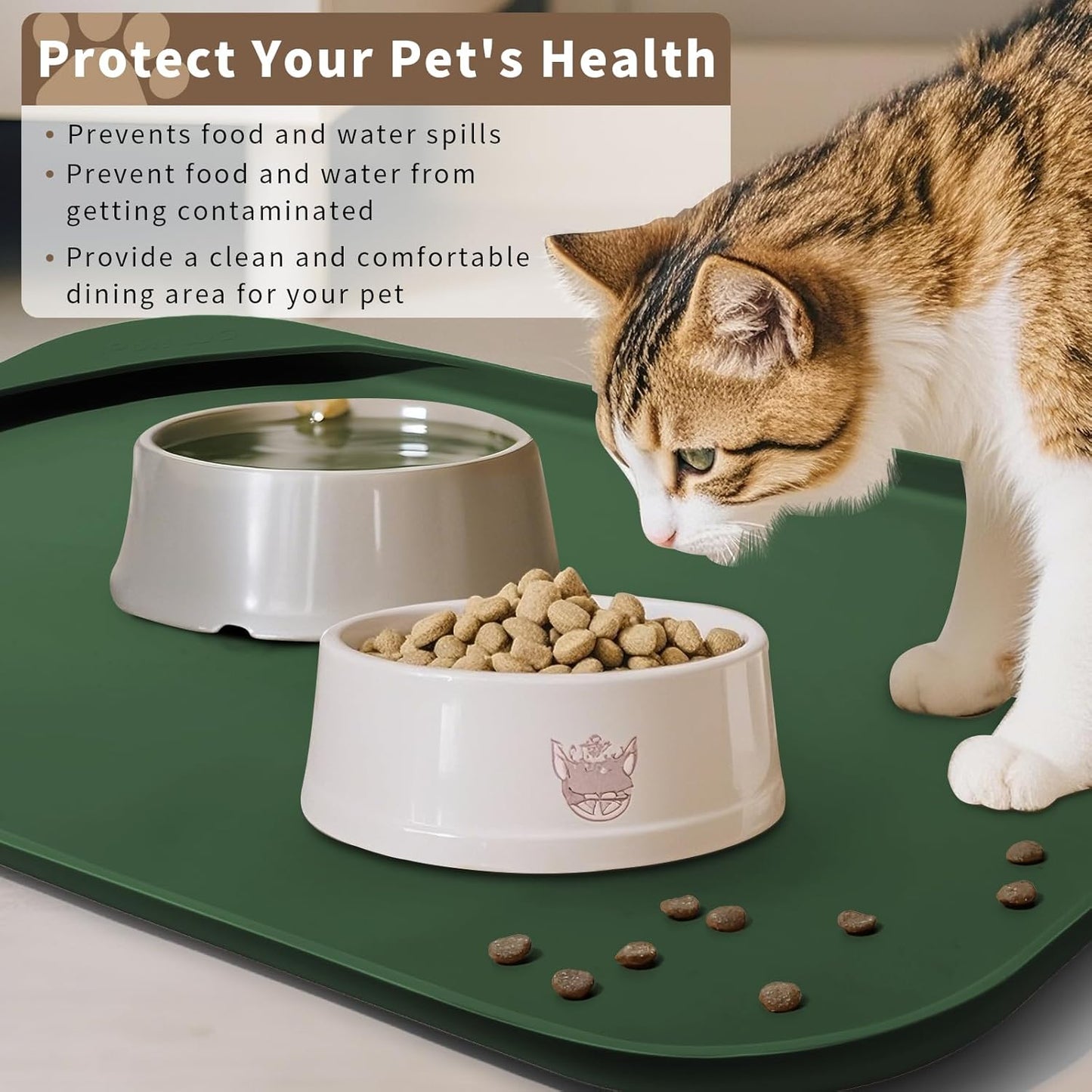 Silicone Pet Feeding Mat with Raised Edge & Residue Collection Pocket for Food and Water, Dog Bowl Mats, Cat Bowls Placemat with High Lip for Floor Waterproof, 19 x 12 x 0.7 Dark Olive