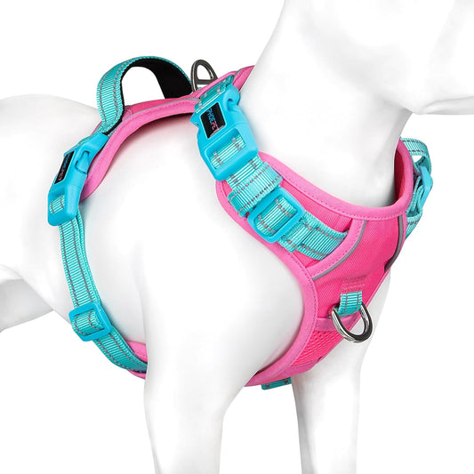 PHOEPET No Pull Dog Harness, Unique Colors Reflective Adjustable Dog Vest, with Soft Training Handle Metal Clips for Small Medium Large Dogs (Pink Base & Green Straps,XL)