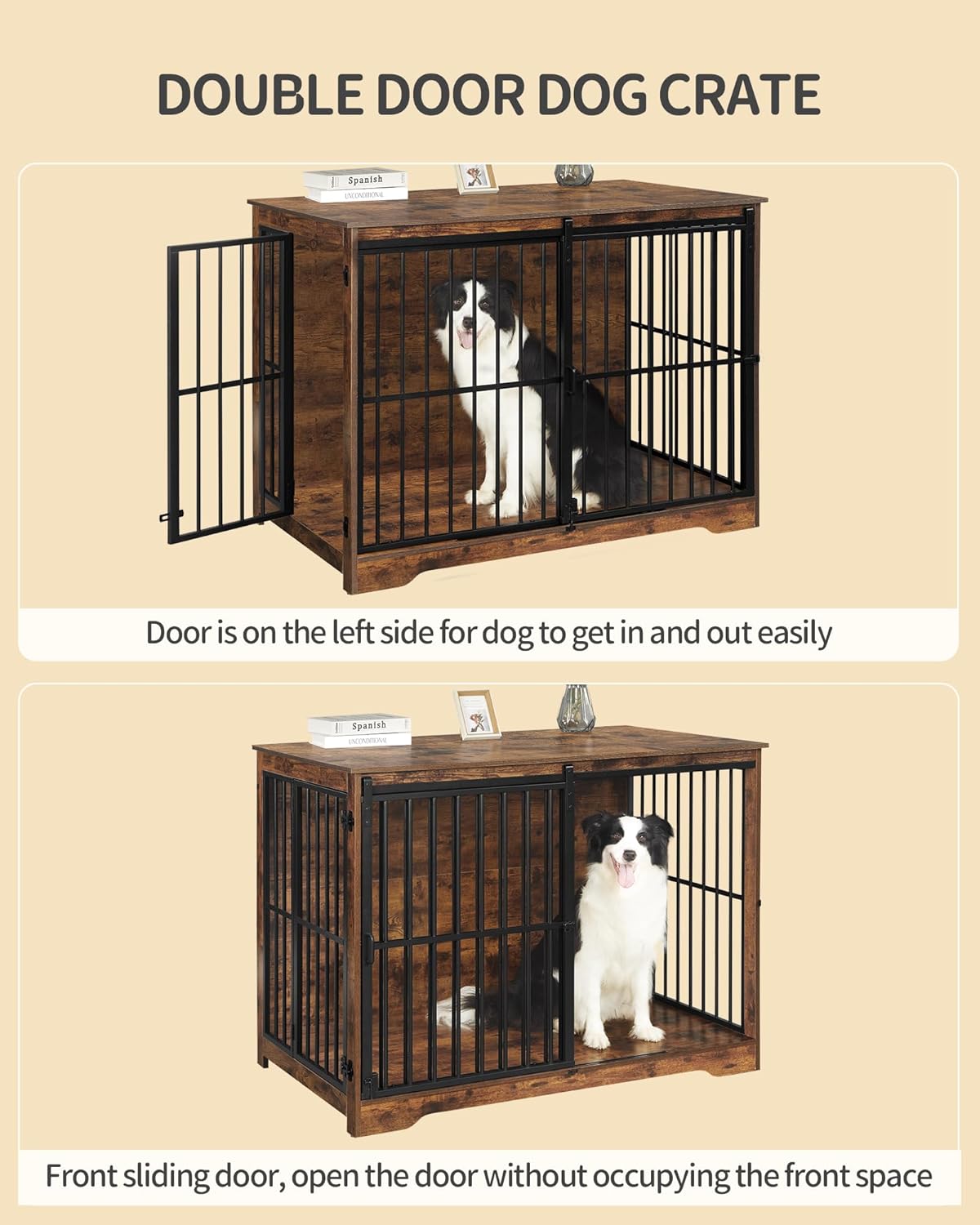 XXL Large Dog Crate Furniture, 46.9" Indoor Dog Kennel Furniture with Barn Door, Wooden Tall Dog Crate, Heavy Duty Dog Cage for Large Dogs, Side End Table, Anti-Chew, Rustic Brown DFC83801B