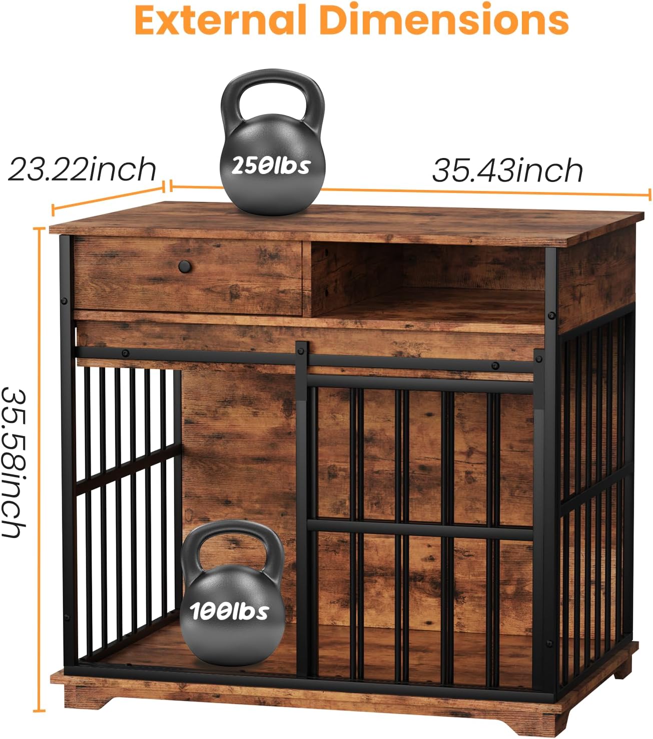 35.5" Dog Crate Furniture, Wooden Dog Crate Furniture for Medium Small Dogs, Wooden Dog Kennel End Table with Drawer and Open Shelves, Sliding Door Dog Kennel Furniture