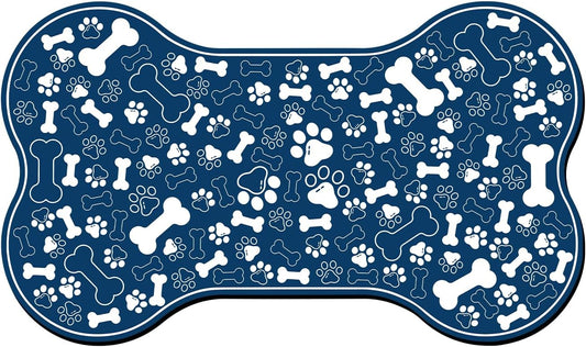 Dog & Cat Food Mat Bone Shaped Pet Feeding Mat Quick Absorb Water Bowl Placemat with Rubber Backing Indoor Floor Stain Resistant Pet Accessory Supplies (Blue, 17x29 Inches)