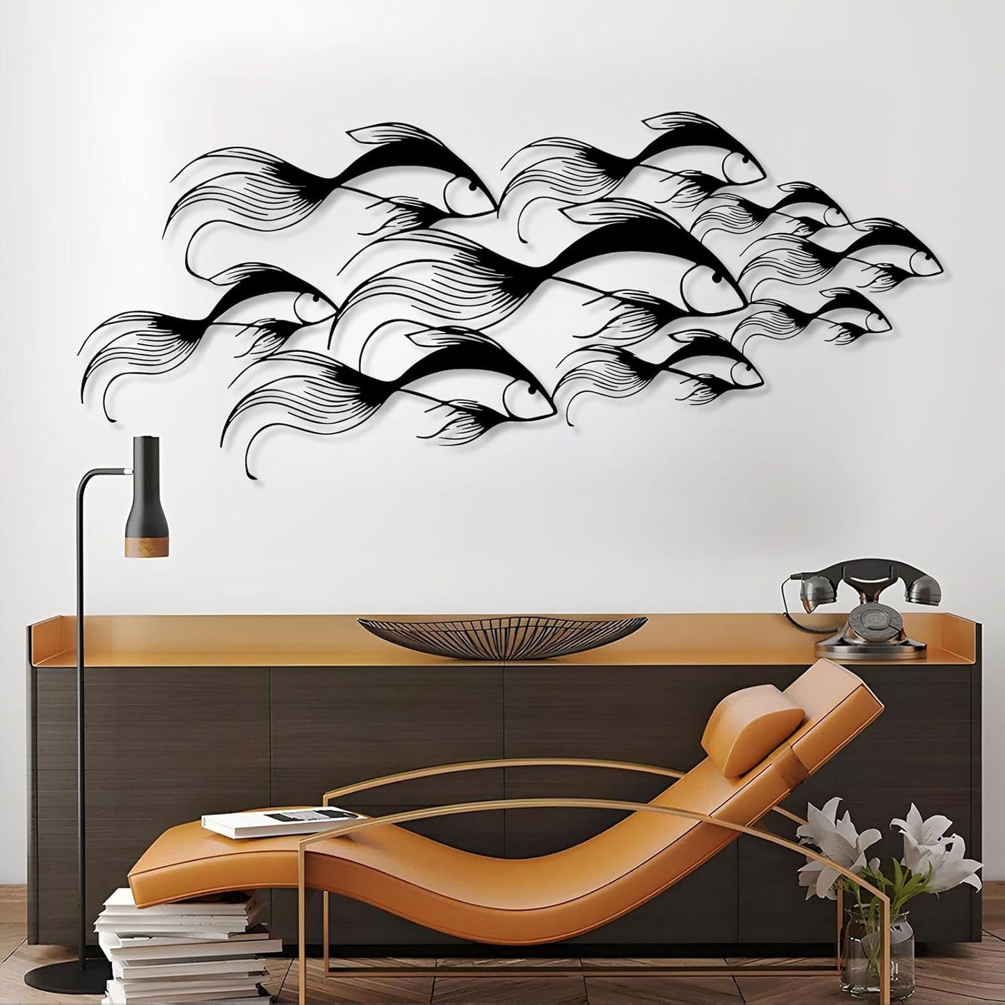 School of Fish Metal Wall Art, Metal Fish Wall Decor, Sea Life Wall Art, Large Nautical Wall Hanging, Modern Beach House Wall Decor, Ocean Themed Artwork for Bathroom (Gold, 41"x18" | 105x45cm)