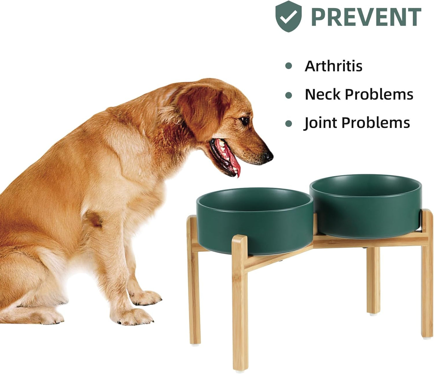 Ceramic Raised Double Bowls Set with Stand, Food & Water Bowls for Large Breed Dogs, Weighted Dog Dishes, Pet Bowl(8.2'',60OZ, Green)