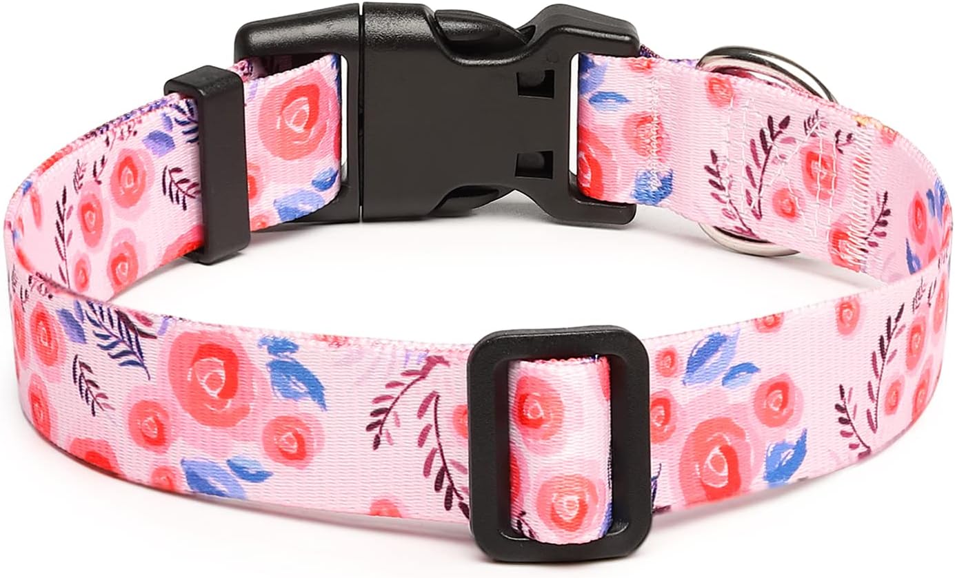 Mercano Adjustable Dog Collar - Special Design Patterns, Soft Nylon Comfortable Durable Pet Collar for Small Medium Large Dogs (M, Rose)