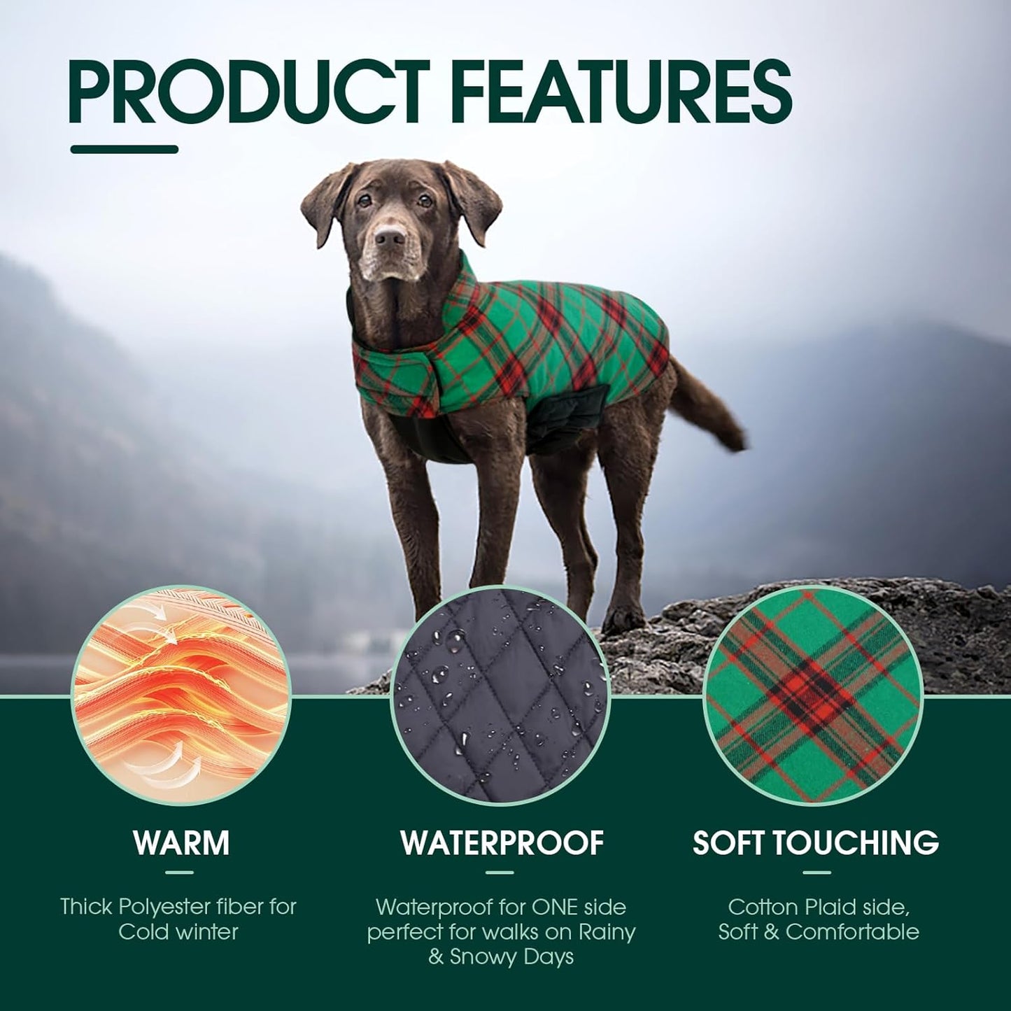 Kuoser Warm Dog Coat, Waterproof Dog Jacket for Extra Large Dogs, Adjustable Durable XL Doggie Winter Coat Reversible Cozy Puppy Cold Weather Apparel from Small to Large Breed, Christmas Green XL