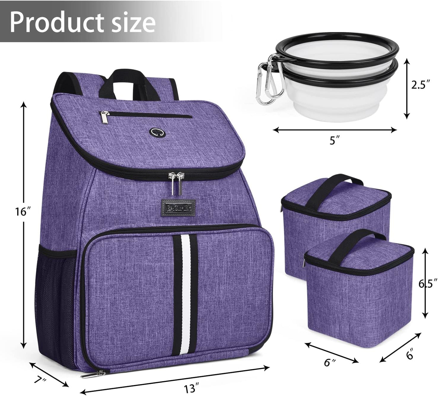BAGLHER丨Dog Travel Bag, Airline Approved Pet Supplies Backpack, Dog Travel Backpack Accessories Set with 2 Silicone Collapsible Bowls and 2 Food Baskets. Purple