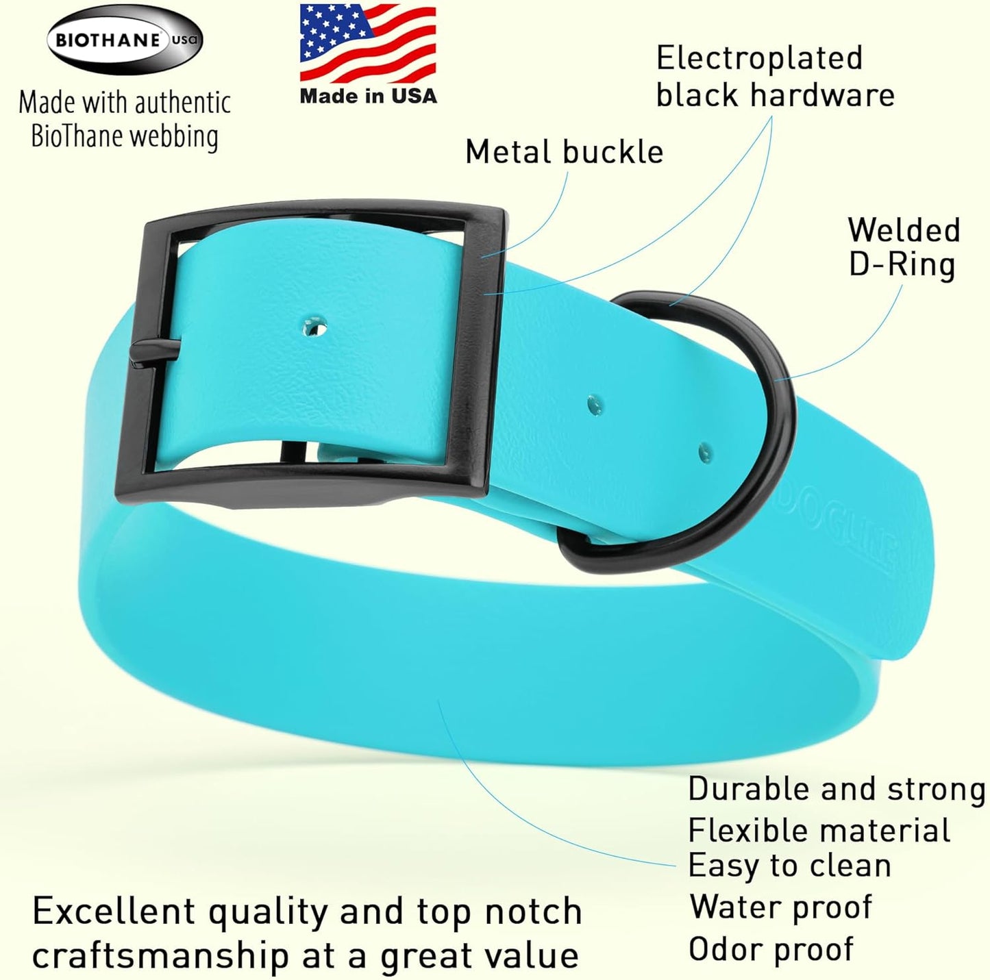 Dogline Biothane Waterproof Dog Collar Strong Coated Nylon Webbing with Black Hardware Odor- Proof for Easy Care Easy to Clean High Performance Fits Small Medium or Large Dogs, Sky Blue