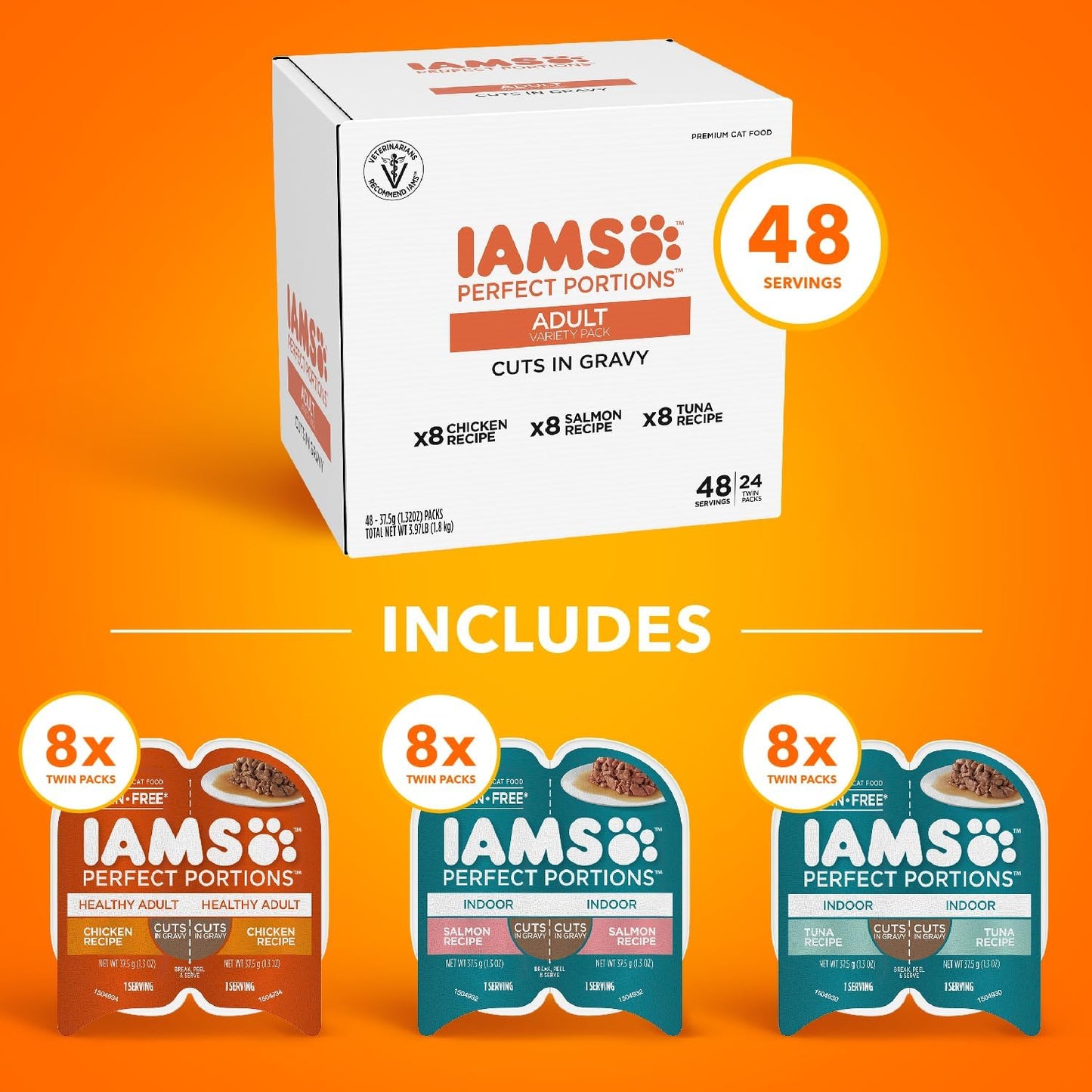 IAMS Perfect Portions Adult Wet Cat Food Cuts in Gravy, Chicken, Tuna, and Salmon Recipe Variety Pack, 2.6 oz. Easy Peel Twin-Pack Trays (24 Count, 48 Servings)