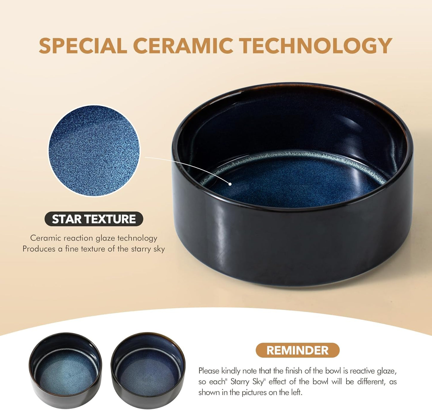 Ceramic 7.3inch Raised Dog Bowl Set, Elevated with Acacia Wood Stand, Food and Water Bowl for Medium Breed Dogs, Weighted Pet Dishes(41oz, Starry Sky)