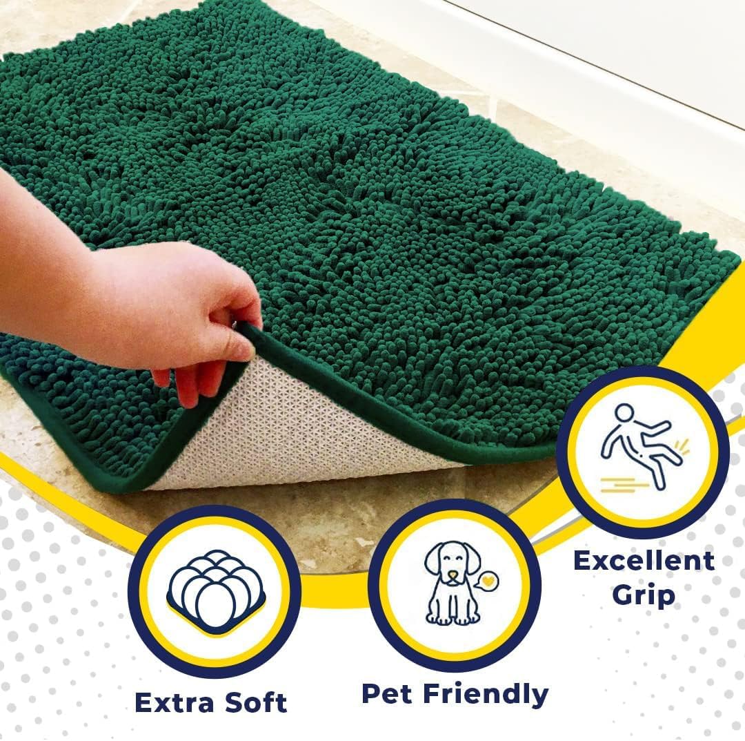 Muddy Mat® AS-SEEN-ON-TV Highly Absorbent Microfiber Door Mat and Pet Rug, Non Slip Thick Washable Area and Bath Mat Soft Chenille for Kitchen Bedroom Indoor and Outdoor - Dark Green 24" x 72"