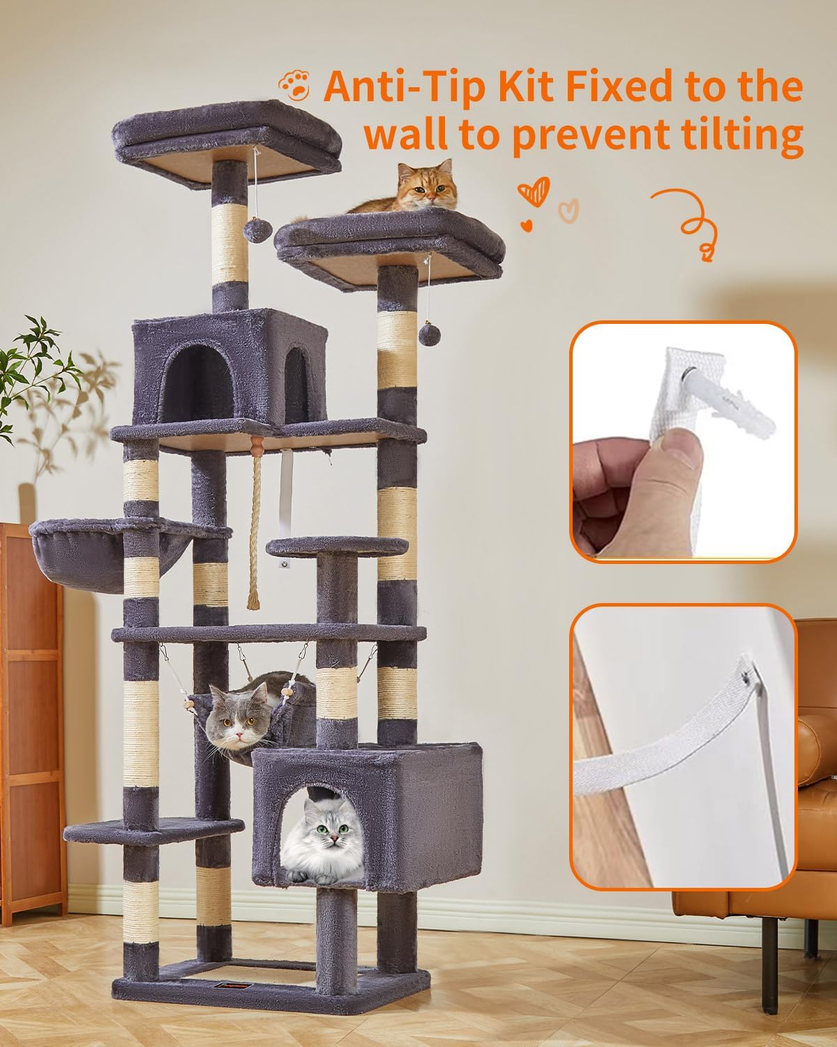 Taoqimiao Cat Tree, 71-Inch Cat Tree Cat Tower for Indoor Cats, Plush Multi-Level Cat Condo with 10 Scratching Posts, 2 Perches,Basket, 2 Caves,Hammock, 2 Pompoms,MS020G Beige Smoky Gray