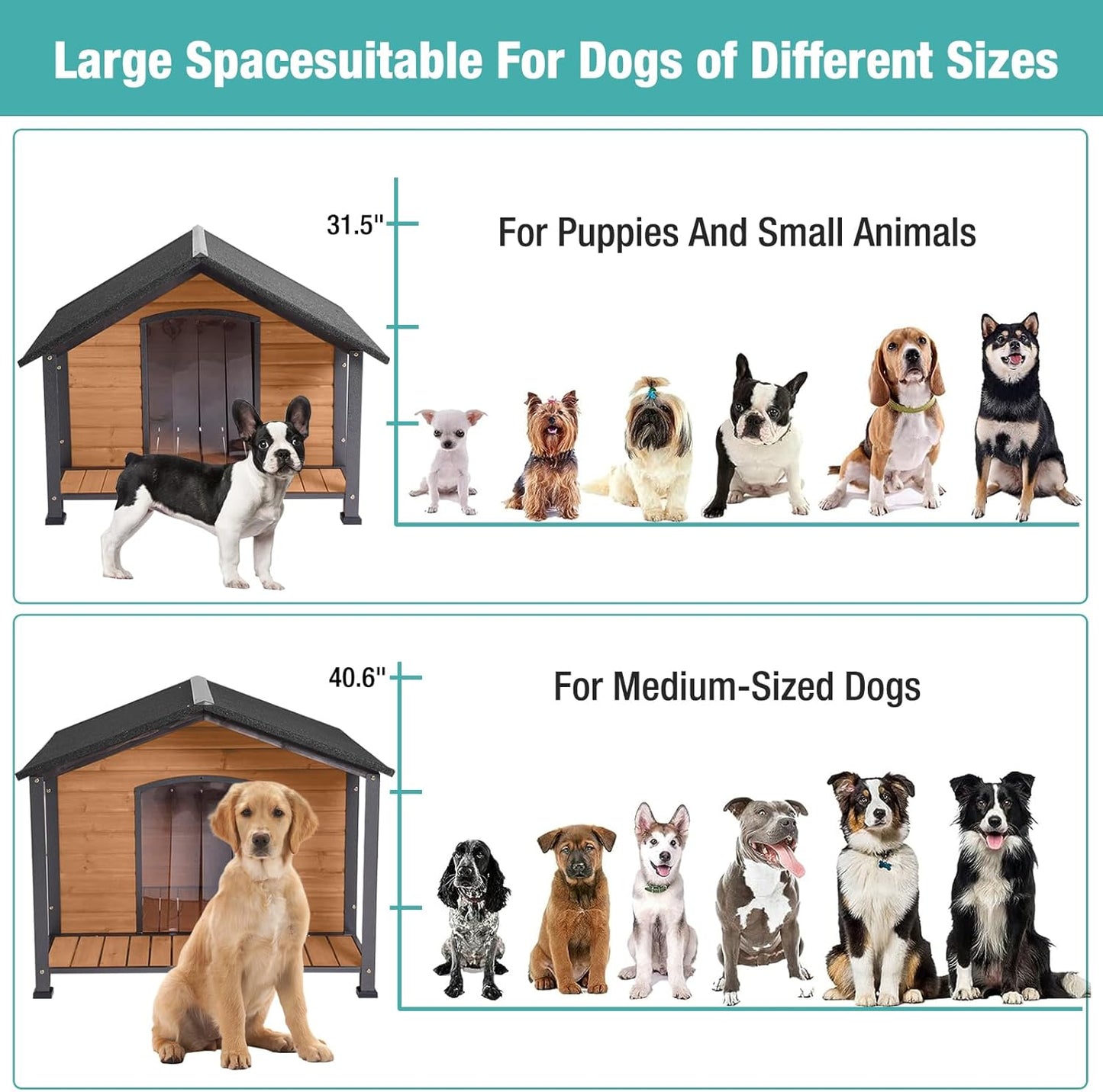 Outdoor Dog House,Weatherproof Wooden Dog Shelter for Medium to Large Sized Dogs,Iron Frame Indoor Outdoor Doghouse,Puppy Kennel,Pets Warm House in Winter with Large Porch